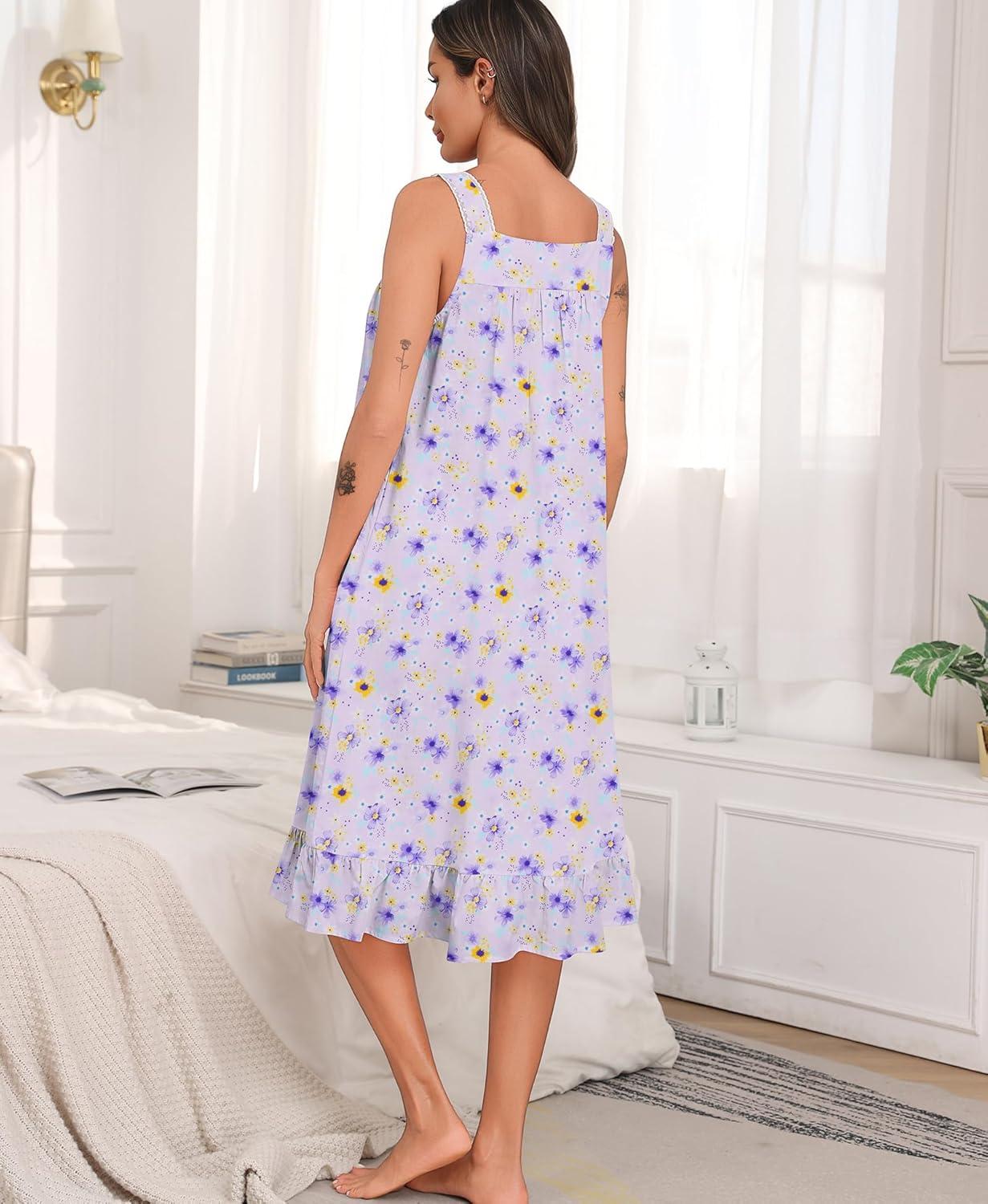 imageSWOMOG Cotton Nightgowns for Women Sleeveless Button Down Night Gown Soft Victorian Nightdress House Dress with PocketsFloral Purple