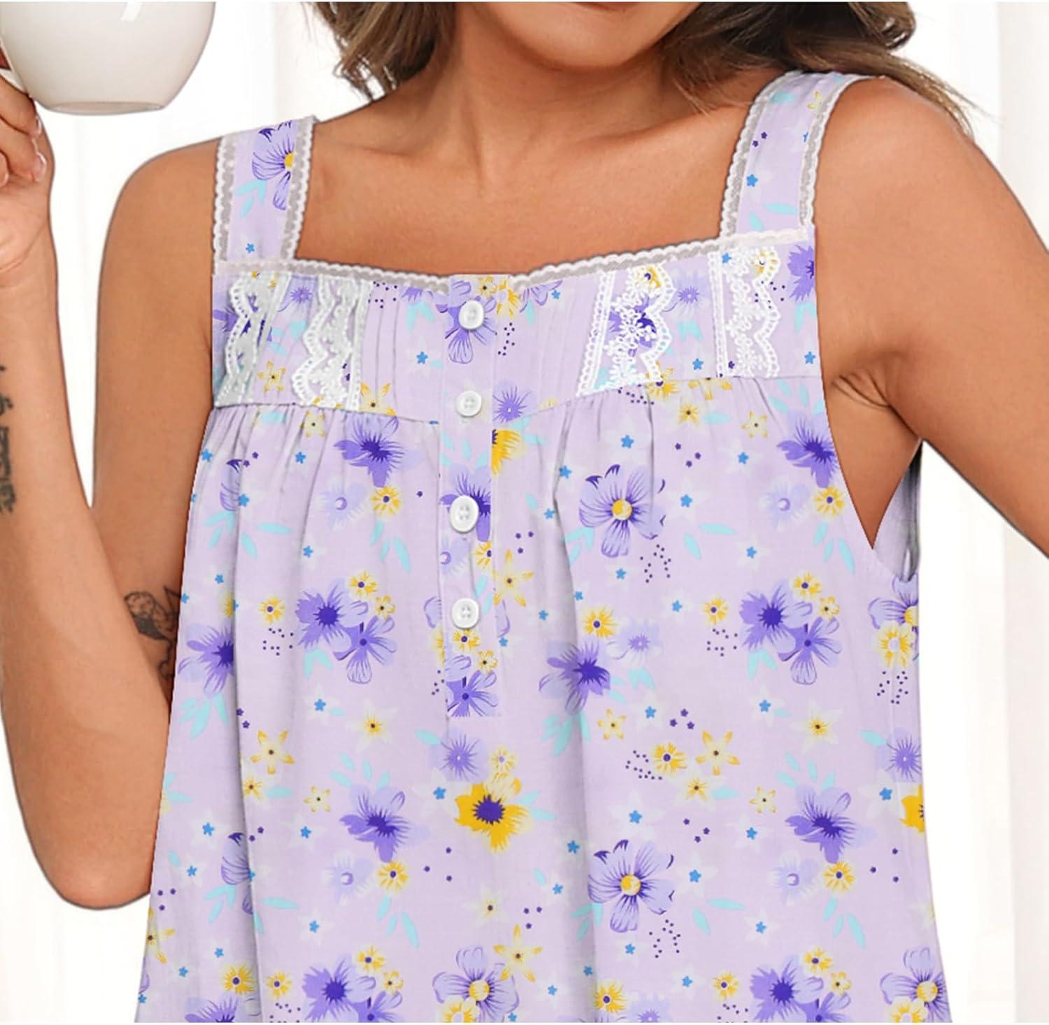 imageSWOMOG Cotton Nightgowns for Women Sleeveless Button Down Night Gown Soft Victorian Nightdress House Dress with PocketsFloral Purple