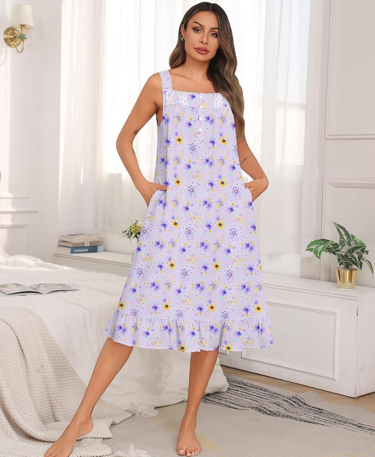 imageSWOMOG Cotton Nightgowns for Women Sleeveless Button Down Night Gown Soft Victorian Nightdress House Dress with PocketsFloral Purple