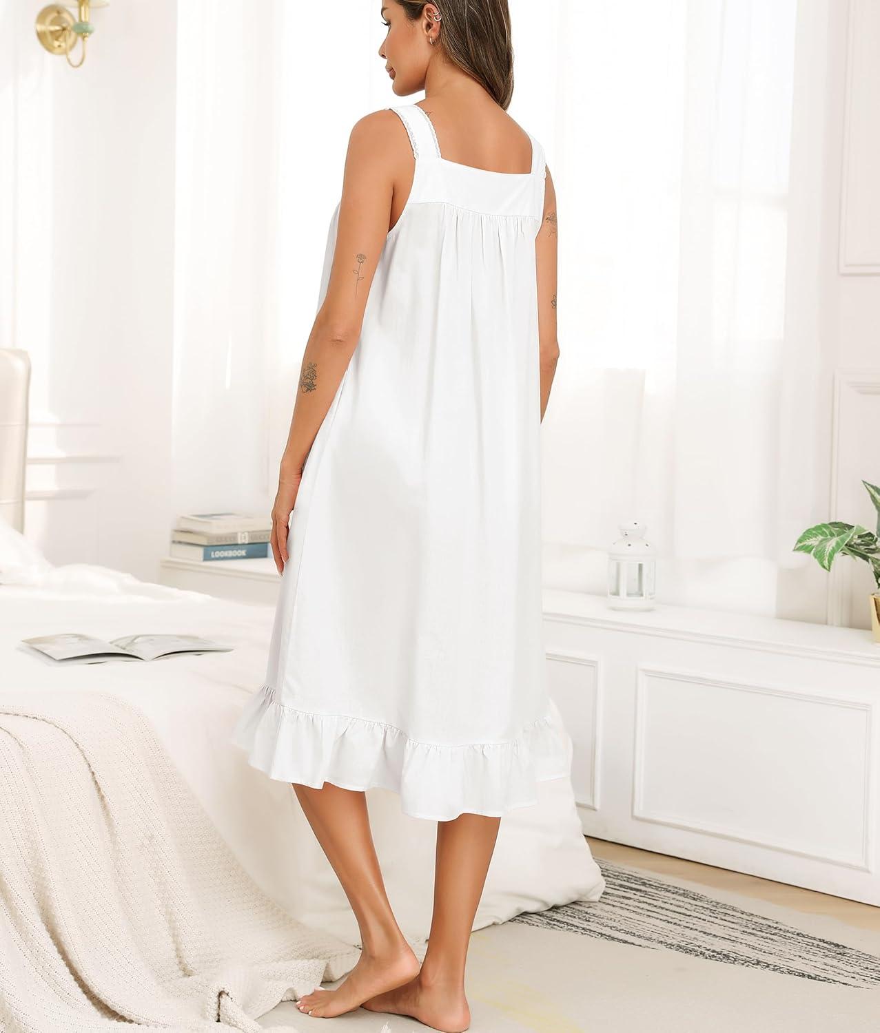 imageSWOMOG Cotton Nightgowns for Women Sleeveless Button Down Night Gown Soft Victorian Nightdress House Dress with PocketsWhite