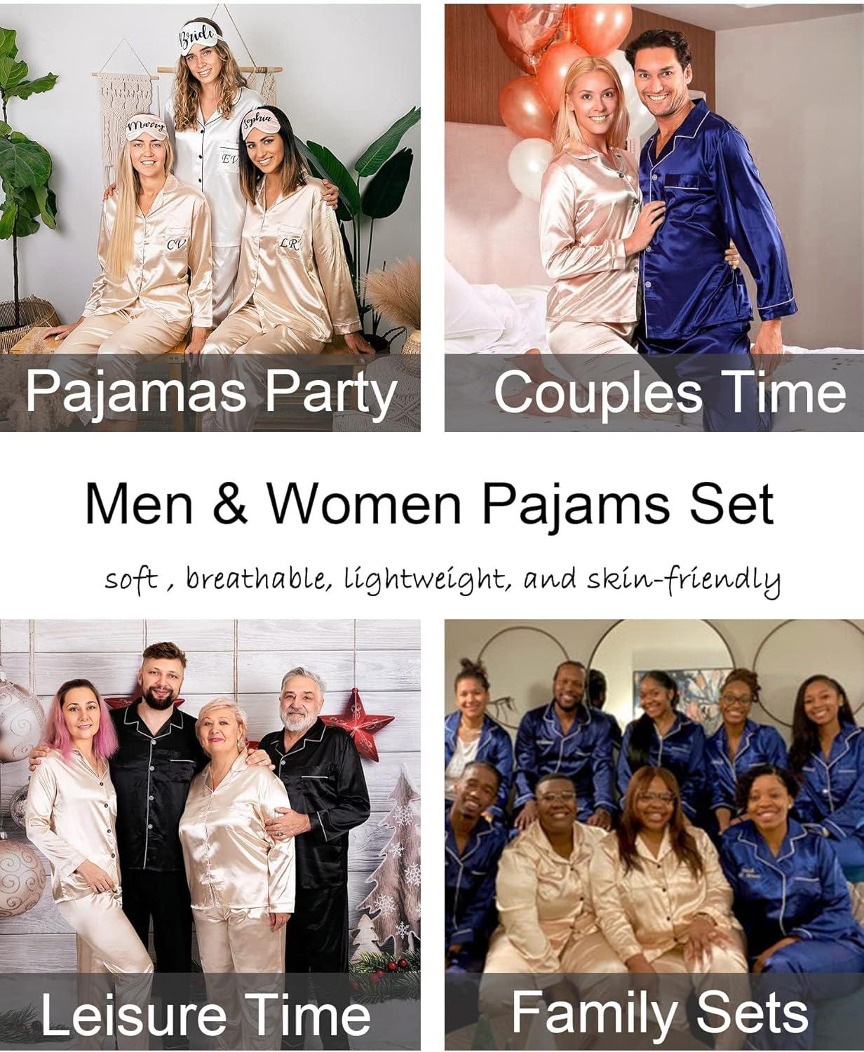 imageSWOMOG Couples Matching Silk Satin Pajamas Set Long Sleeve Sleepwear Soft Button Down Loungewear 2 Pcs Pj SetChampagne