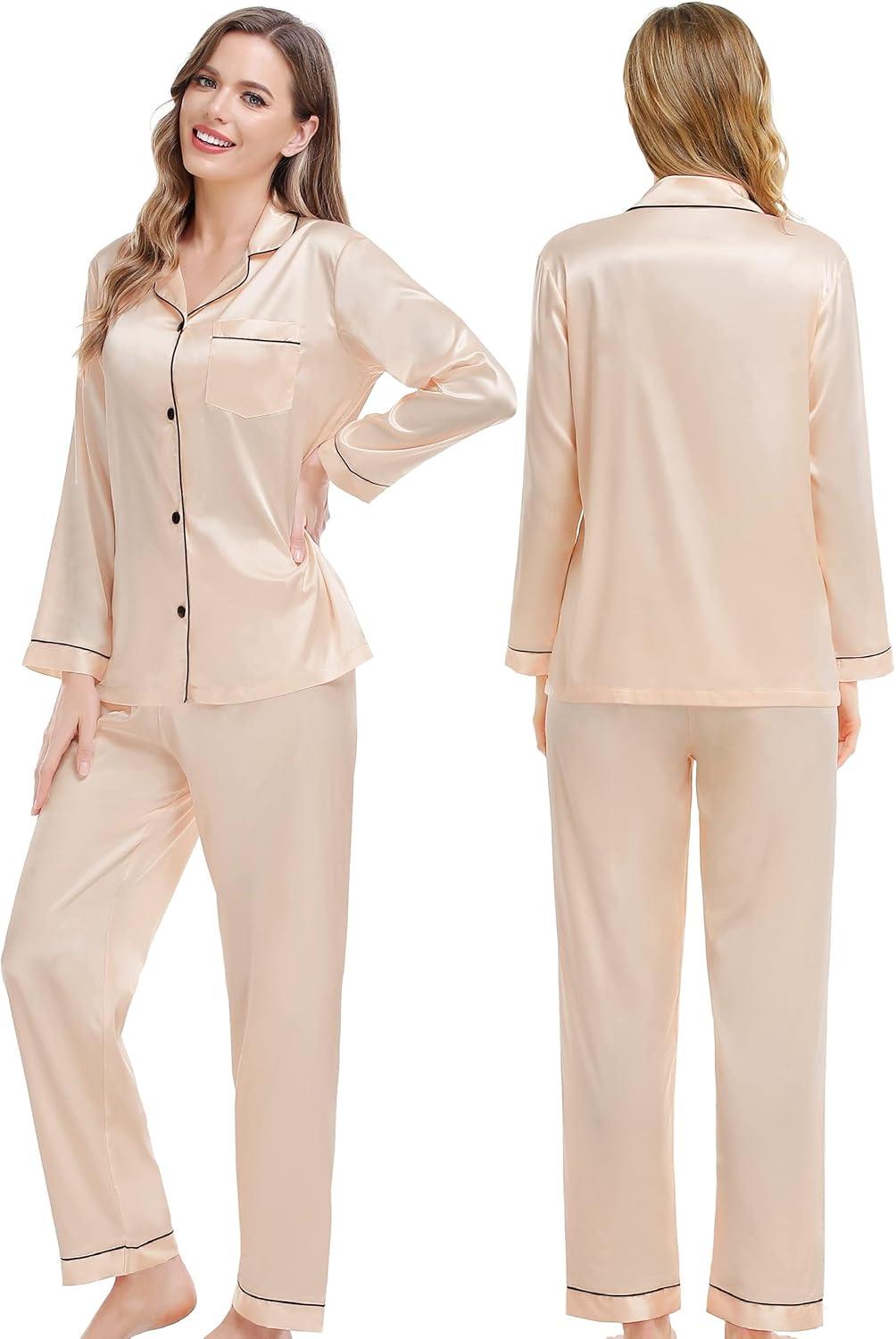 imageSWOMOG Couples Matching Silk Satin Pajamas Set Long Sleeve Sleepwear Soft Button Down Loungewear 2 Pcs Pj SetChampagne