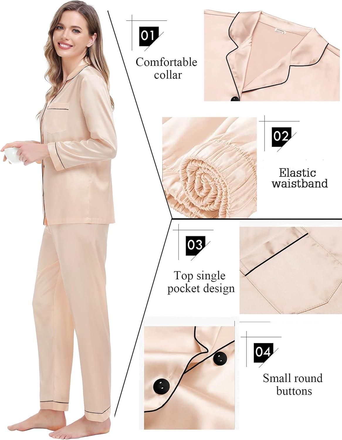 imageSWOMOG Couples Matching Silk Satin Pajamas Set Long Sleeve Sleepwear Soft Button Down Loungewear 2 Pcs Pj SetChampagne