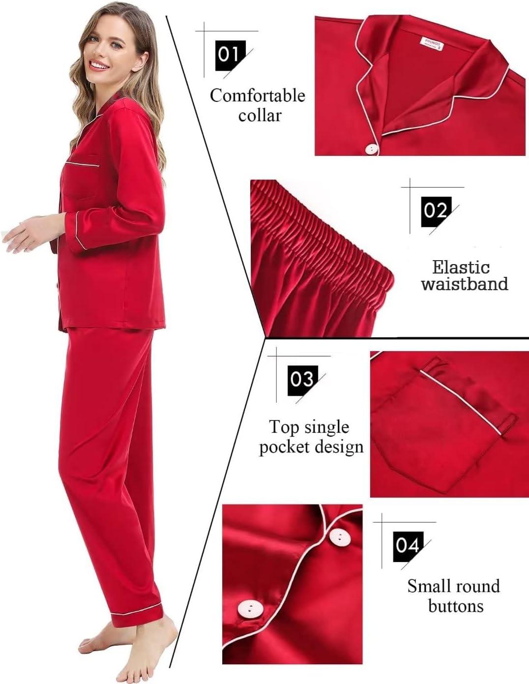 imageSWOMOG Couples Matching Silk Satin Pajamas Set Long Sleeve Sleepwear Soft Button Down Loungewear 2 Pcs Pj SetChristmas Red