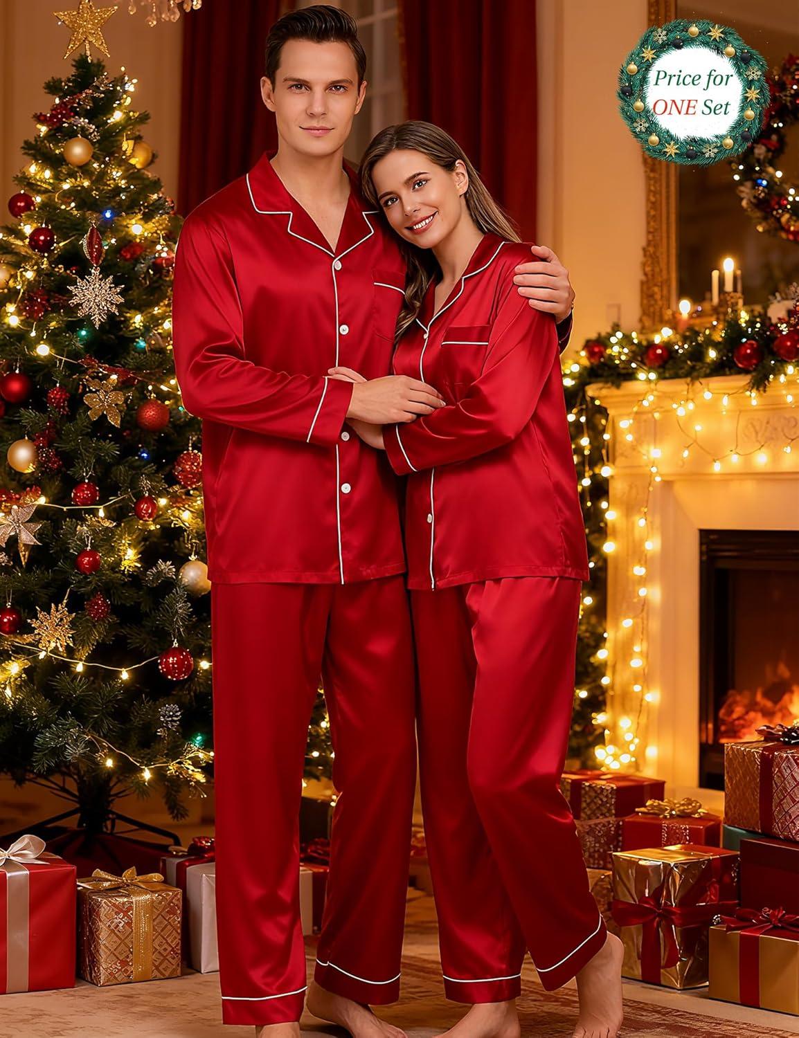 imageSWOMOG Couples Matching Silk Satin Pajamas Set Long Sleeve Sleepwear Soft Button Down Loungewear 2 Pcs Pj SetChristmas Red
