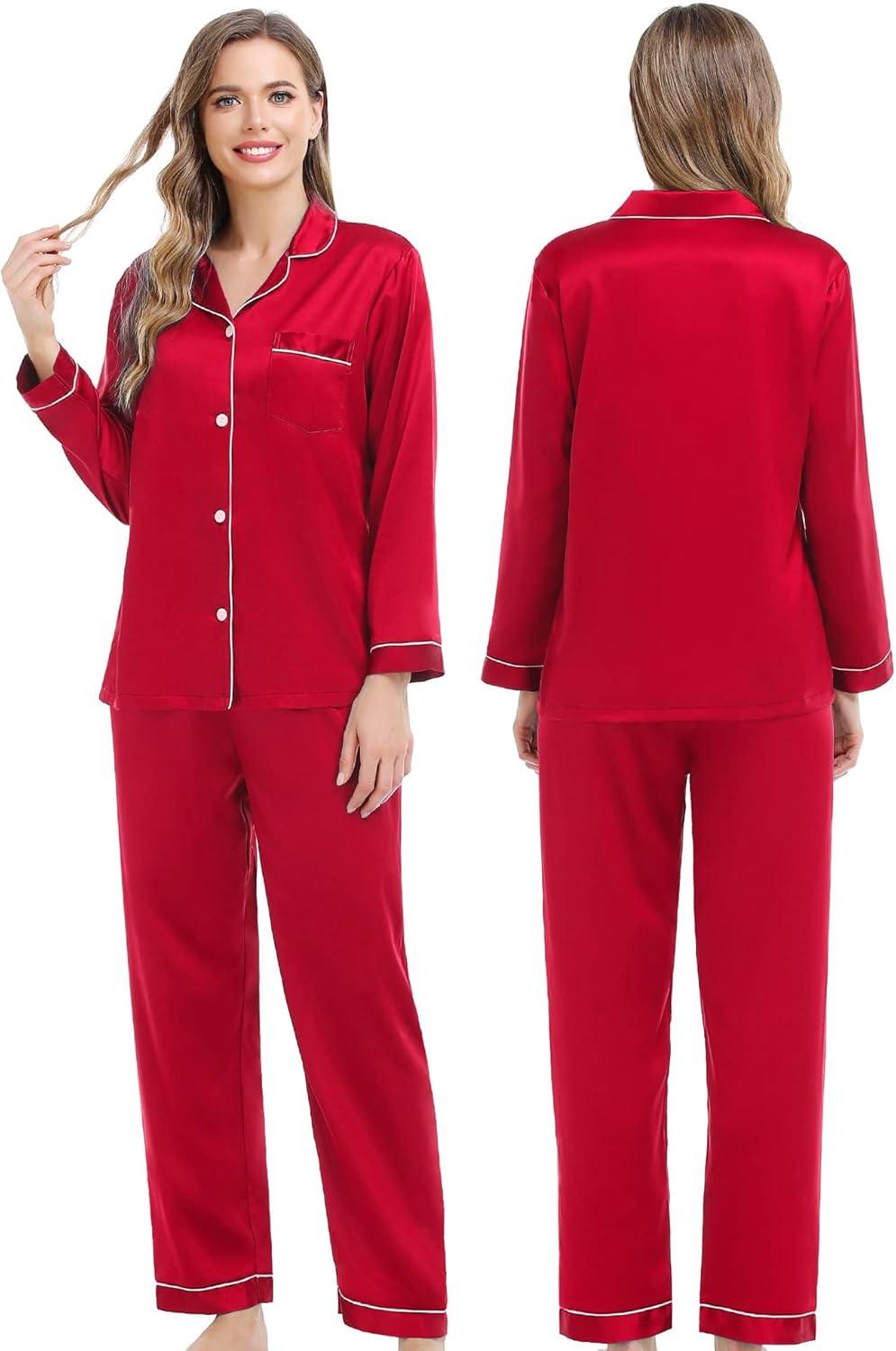 imageSWOMOG Couples Matching Silk Satin Pajamas Set Long Sleeve Sleepwear Soft Button Down Loungewear 2 Pcs Pj SetChristmas Red