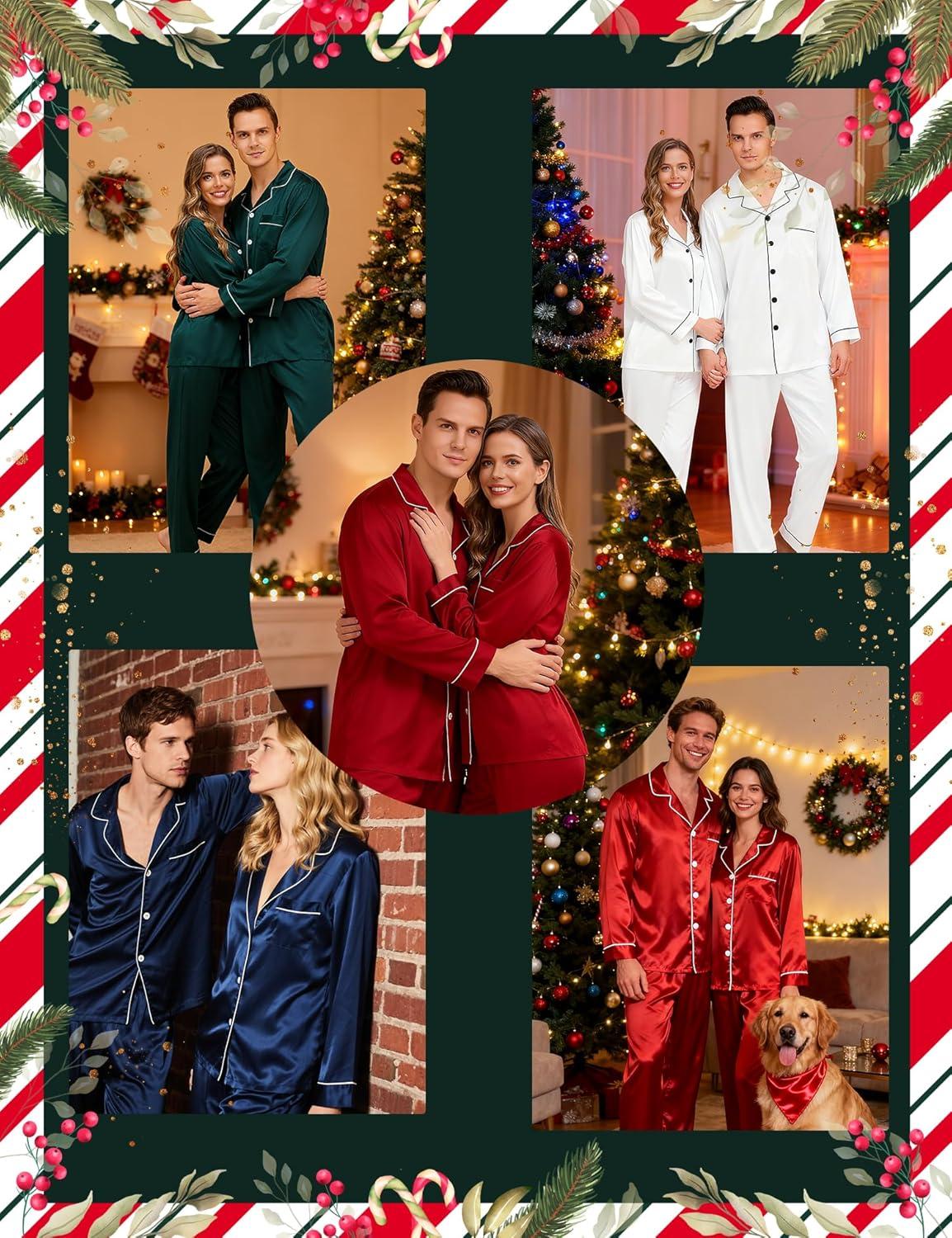 imageSWOMOG Couples Matching Silk Satin Pajamas Set Long Sleeve Sleepwear Soft Button Down Loungewear 2 Pcs Pj SetChristmas Red