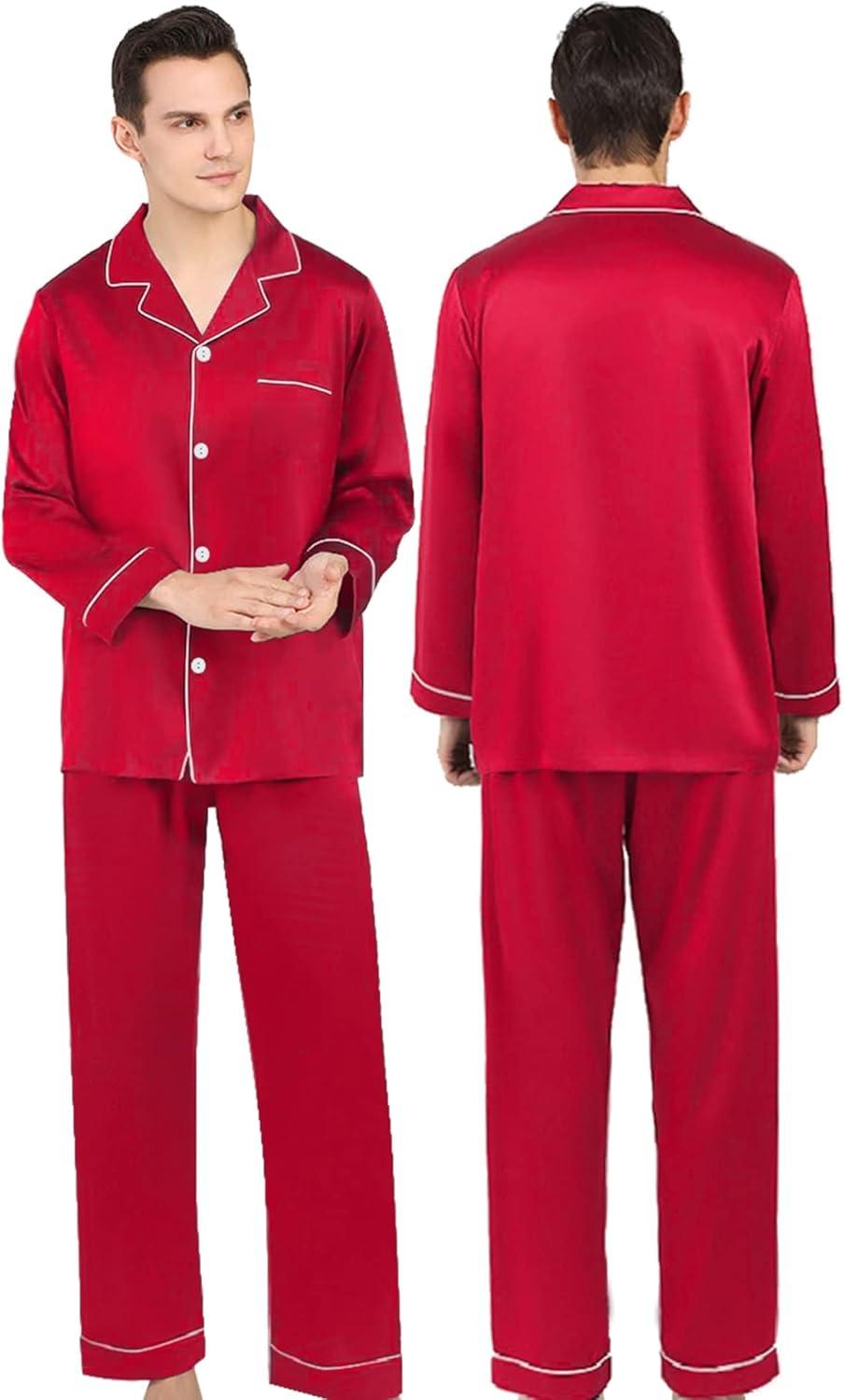 imageSWOMOG Couples Matching Silk Satin Pajamas Set Long Sleeve Sleepwear Soft Button Down Loungewear 2 Pcs Pj SetChristmas Red