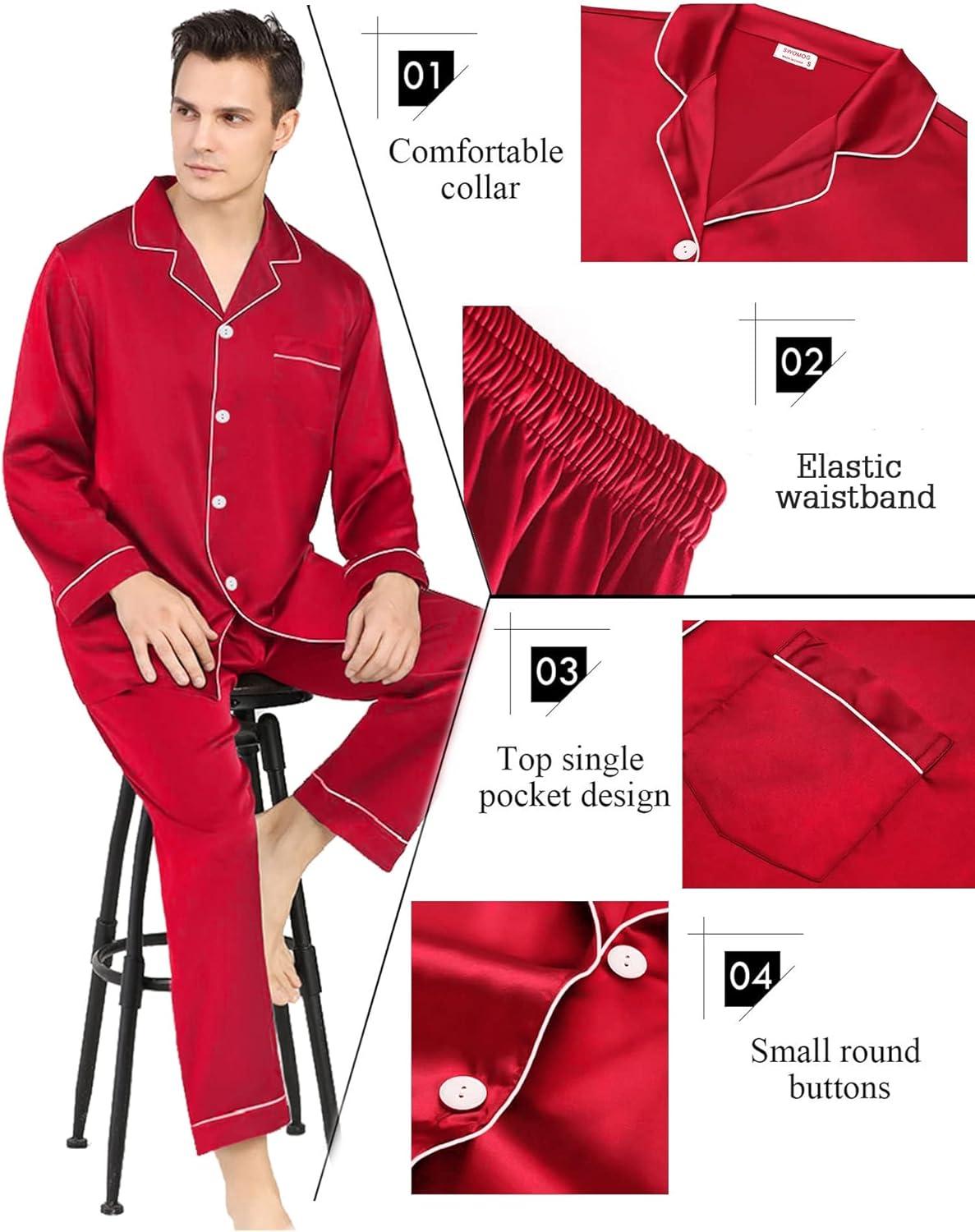 imageSWOMOG Couples Matching Silk Satin Pajamas Set Long Sleeve Sleepwear Soft Button Down Loungewear 2 Pcs Pj SetChristmas Red