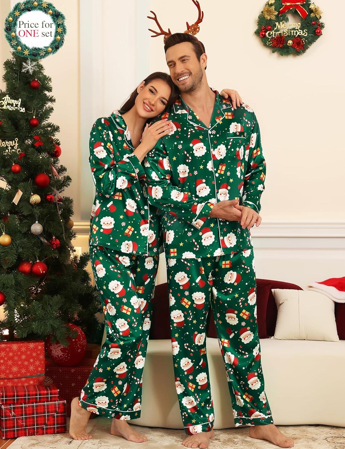 imageSWOMOG Couples Matching Silk Satin Pajamas Set Long Sleeve Sleepwear Soft Button Down Loungewear 2 Pcs Pj SetGreen Christmas Santa