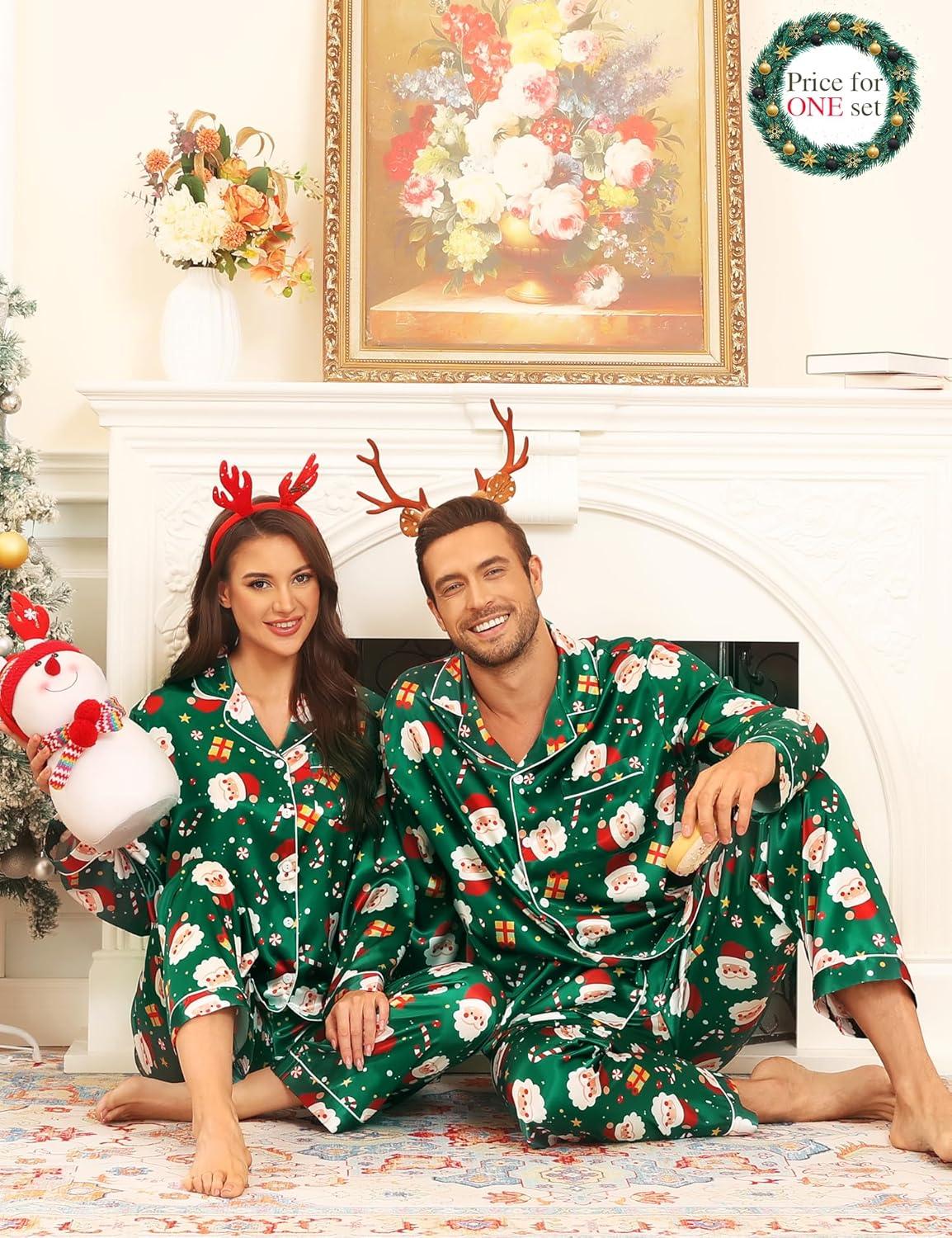 imageSWOMOG Couples Matching Silk Satin Pajamas Set Long Sleeve Sleepwear Soft Button Down Loungewear 2 Pcs Pj SetGreen Christmas Santa
