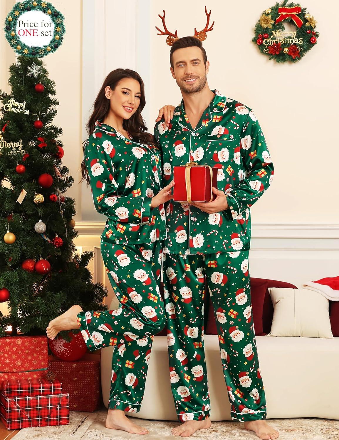 imageSWOMOG Couples Matching Silk Satin Pajamas Set Long Sleeve Sleepwear Soft Button Down Loungewear 2 Pcs Pj SetGreen Christmas Santa