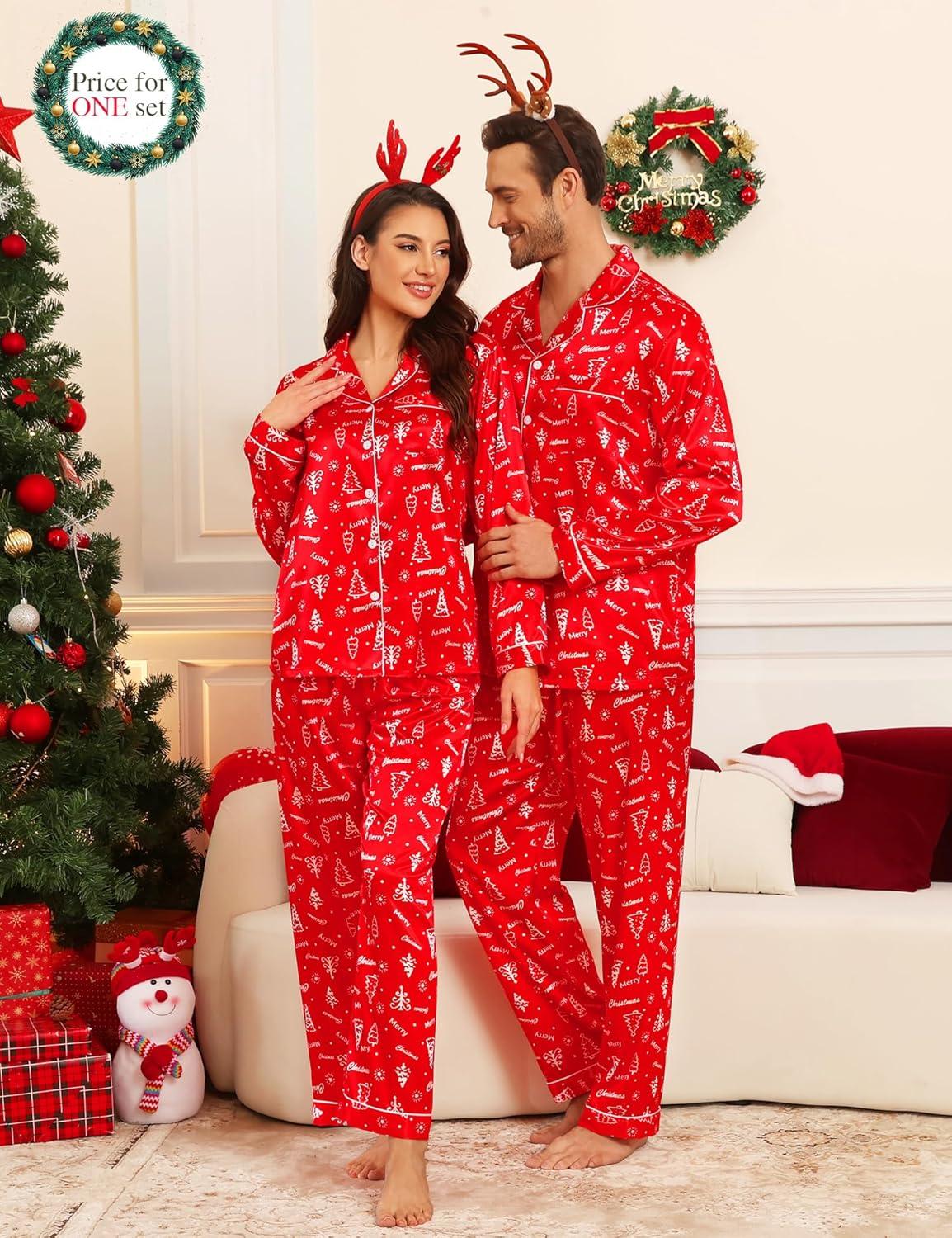 imageSWOMOG Couples Matching Silk Satin Pajamas Set Long Sleeve Sleepwear Soft Button Down Loungewear 2 Pcs Pj SetRed Christmas Tree