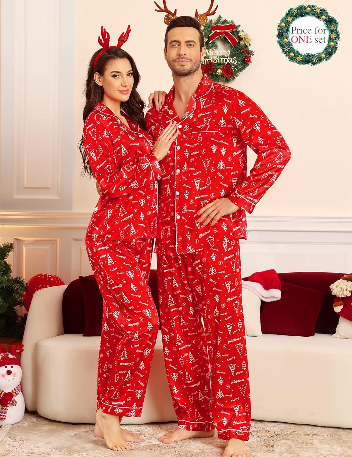 imageSWOMOG Couples Matching Silk Satin Pajamas Set Long Sleeve Sleepwear Soft Button Down Loungewear 2 Pcs Pj SetRed Christmas Tree