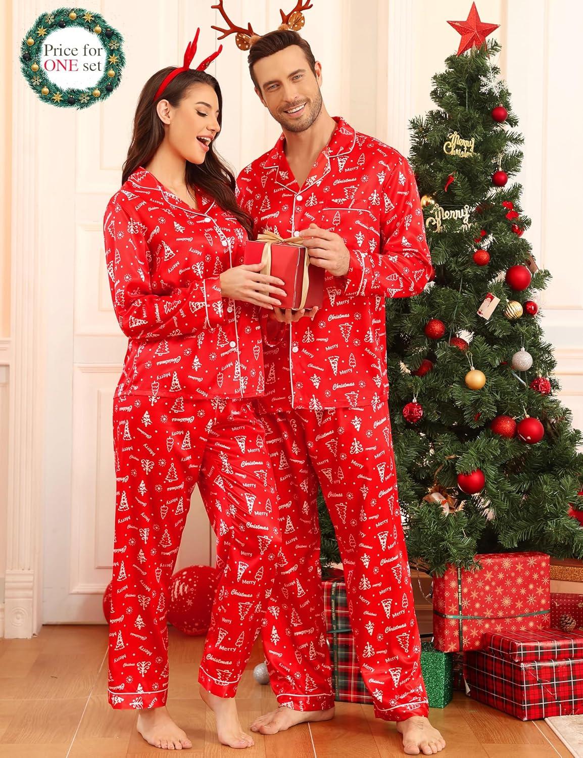 imageSWOMOG Couples Matching Silk Satin Pajamas Set Long Sleeve Sleepwear Soft Button Down Loungewear 2 Pcs Pj SetRed Christmas Tree