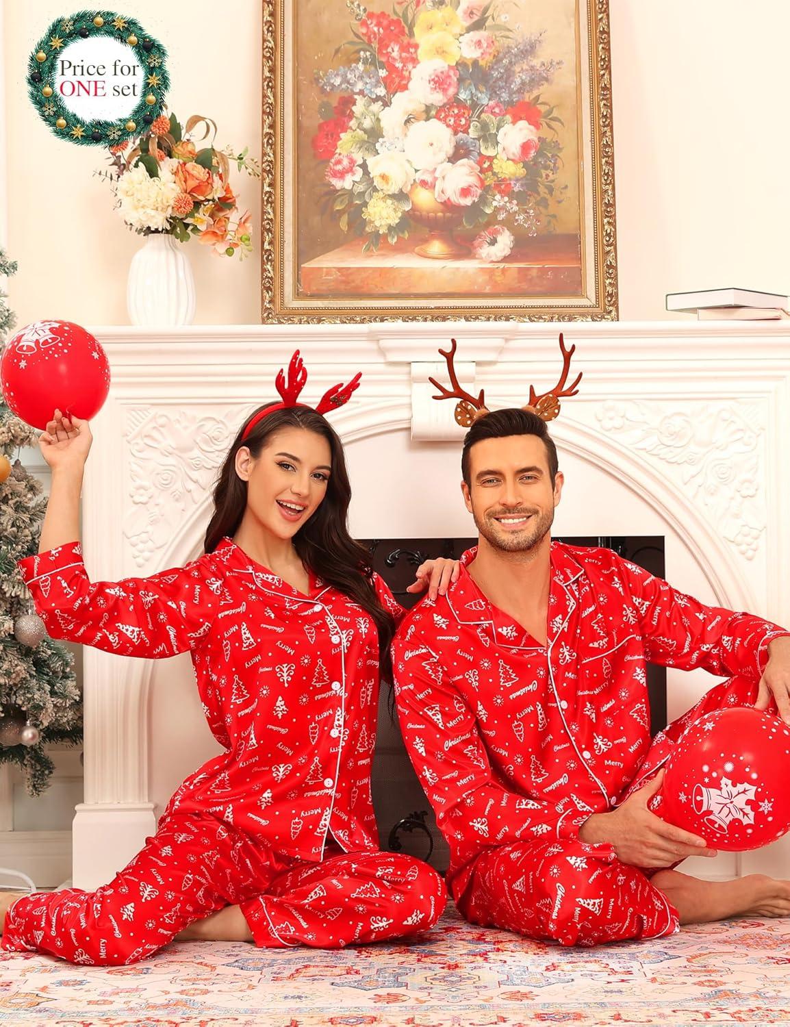 imageSWOMOG Couples Matching Silk Satin Pajamas Set Long Sleeve Sleepwear Soft Button Down Loungewear 2 Pcs Pj SetRed Christmas Tree