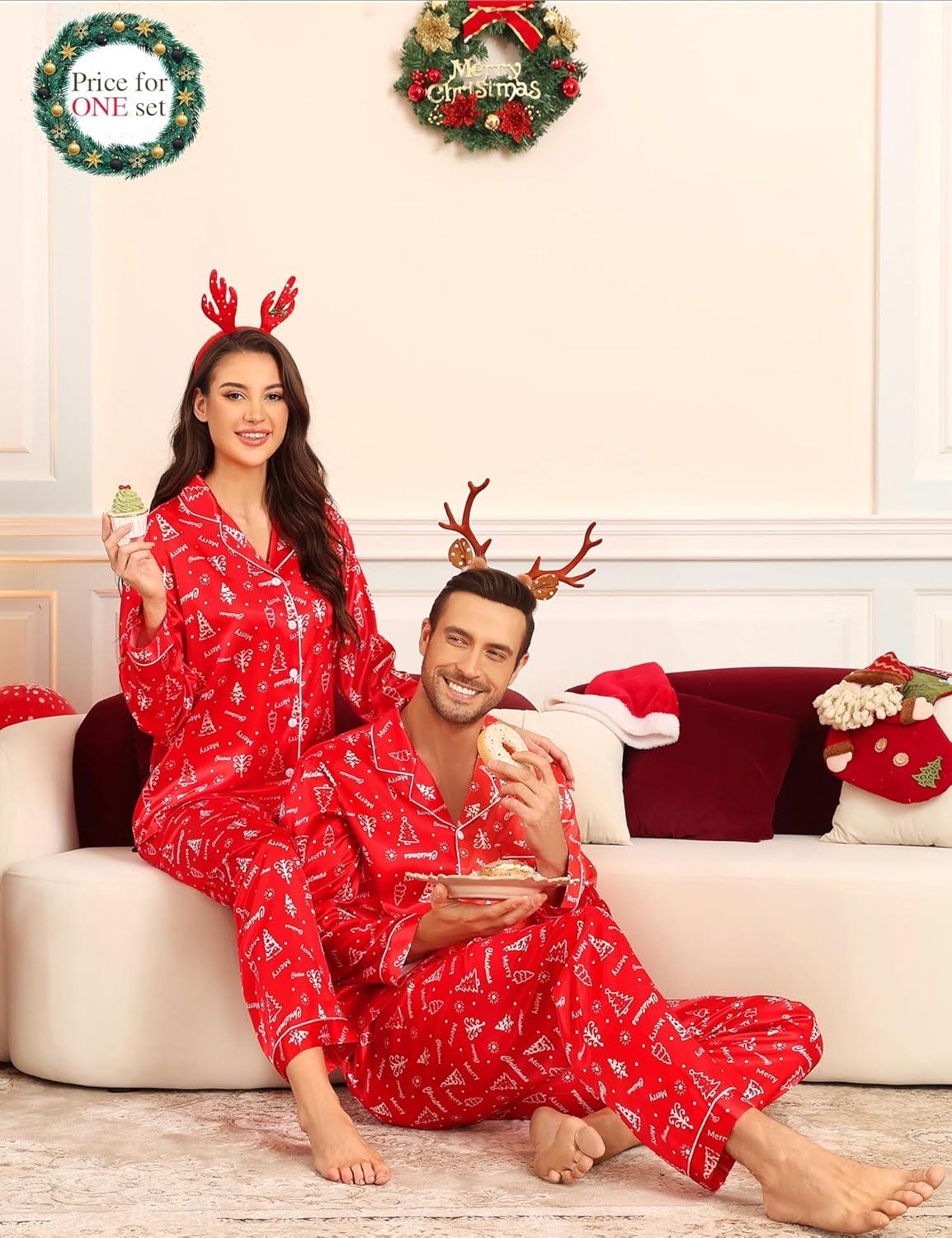 imageSWOMOG Couples Matching Silk Satin Pajamas Set Long Sleeve Sleepwear Soft Button Down Loungewear 2 Pcs Pj SetRed Christmas Tree