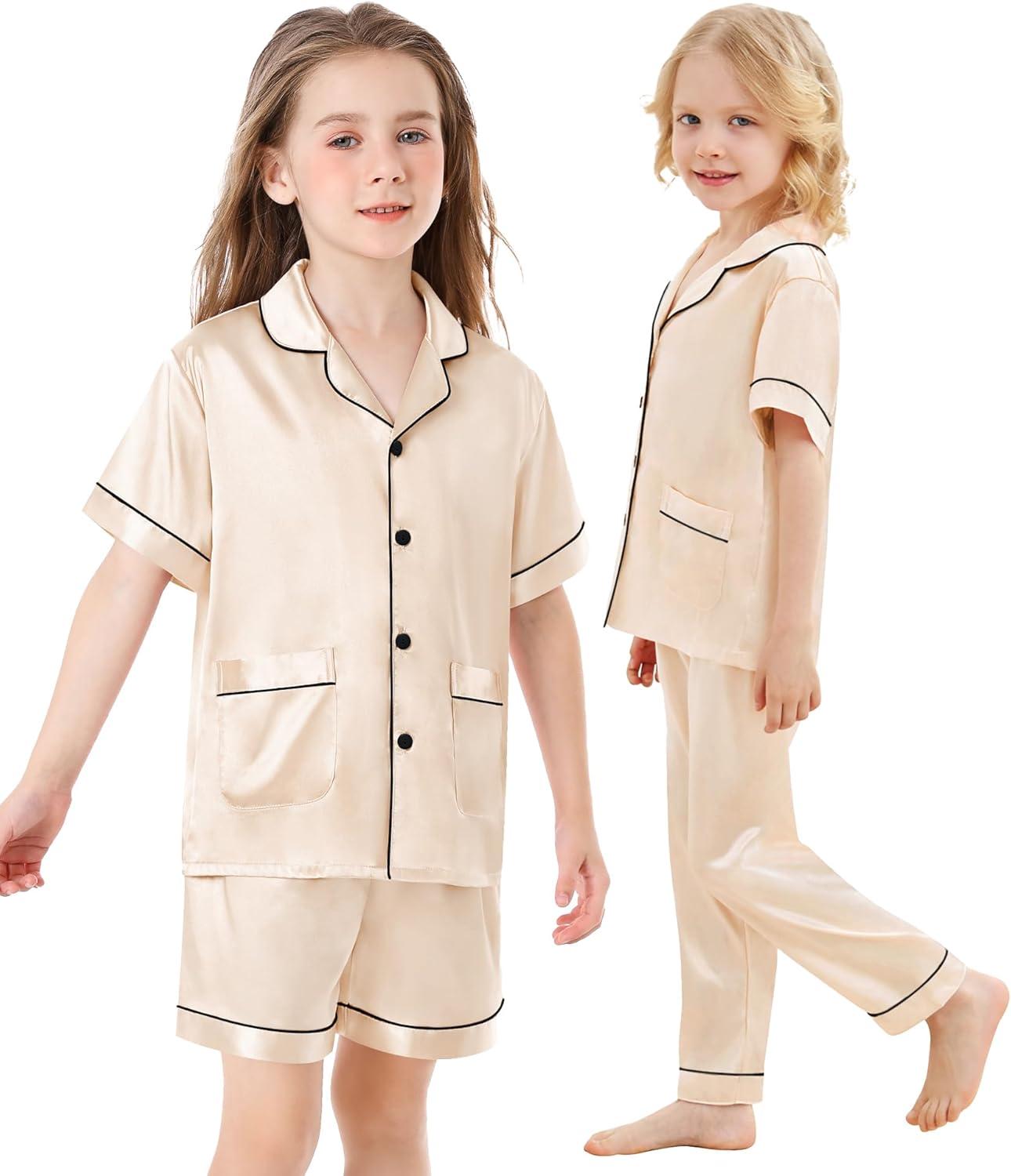 imageSWOMOG Girls Pajamas Silk Satin Pajama Set Short Sleeve Button Down Sleepwear Soft Cute PJs with Ruffle Shorts LoungewearChampagne