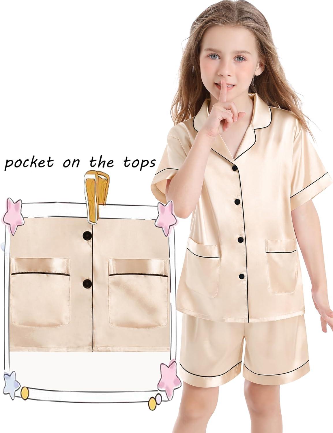 imageSWOMOG Girls Pajamas Silk Satin Pajama Set Short Sleeve Button Down Sleepwear Soft Cute PJs with Ruffle Shorts LoungewearChampagne