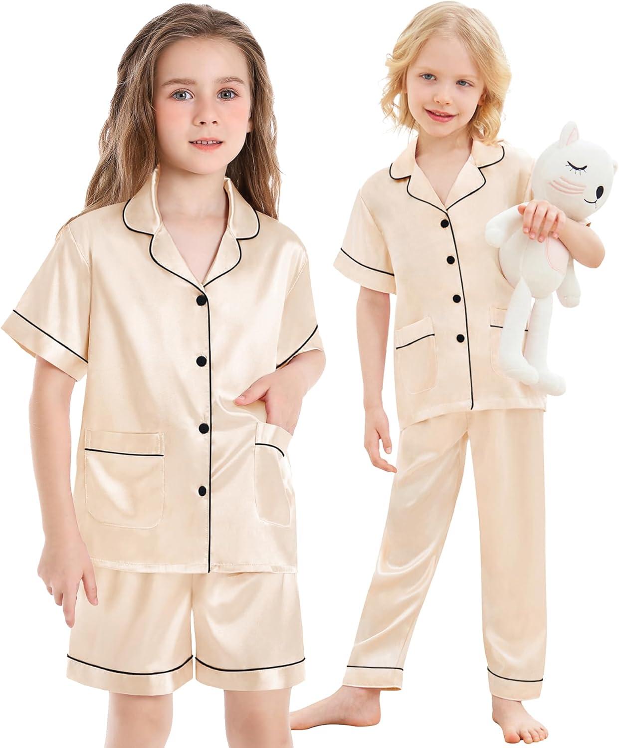 imageSWOMOG Girls Pajamas Silk Satin Pajama Set Short Sleeve Button Down Sleepwear Soft Cute PJs with Ruffle Shorts LoungewearChampagne