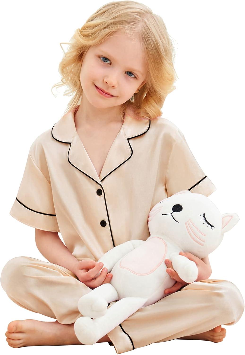 imageSWOMOG Girls Pajamas Silk Satin Pajama Set Short Sleeve Button Down Sleepwear Soft Cute PJs with Ruffle Shorts LoungewearChampagne