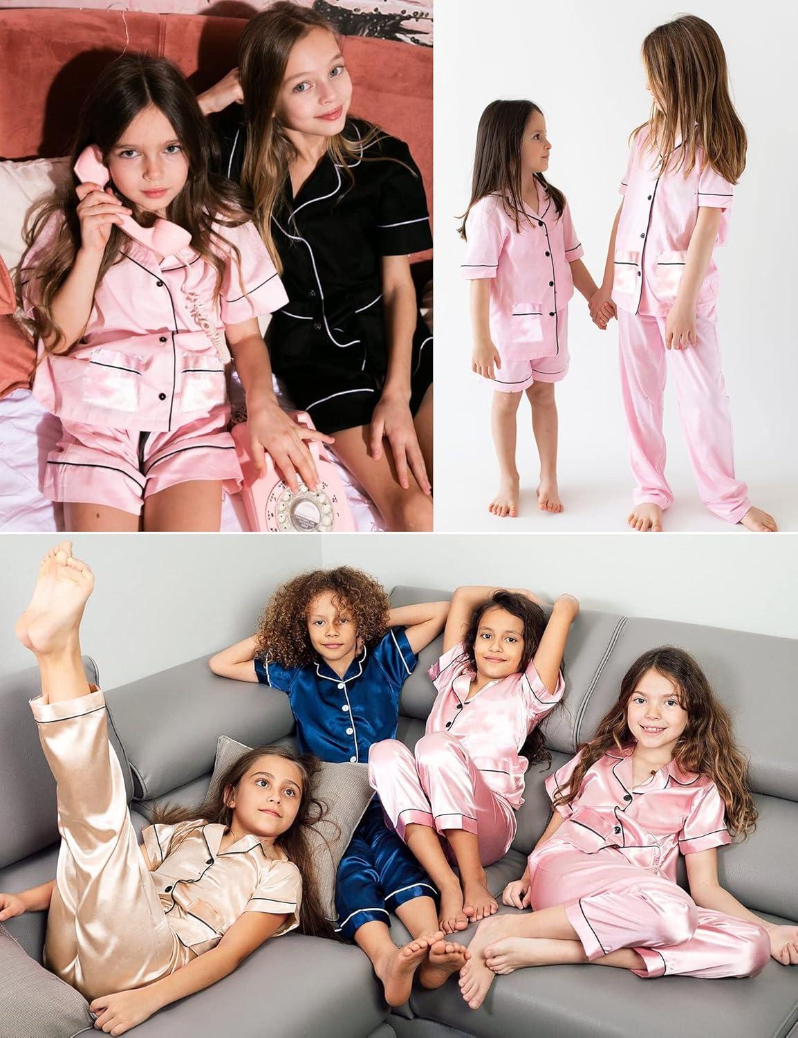 imageSWOMOG Girls Pajamas Silk Satin Pajama Set Short Sleeve Button Down Sleepwear Soft Cute PJs with Ruffle Shorts LoungewearChampagne