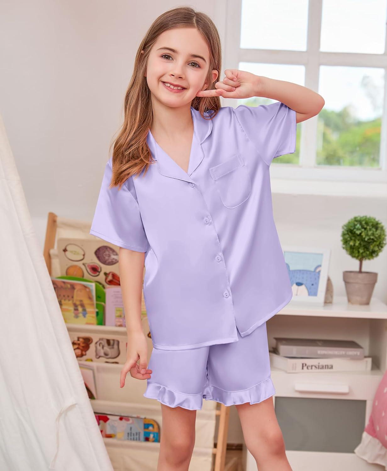 imageSWOMOG Girls Pajamas Silk Satin Pajama Set Short Sleeve Button Down Sleepwear Soft Cute PJs with Ruffle Shorts LoungewearLavender