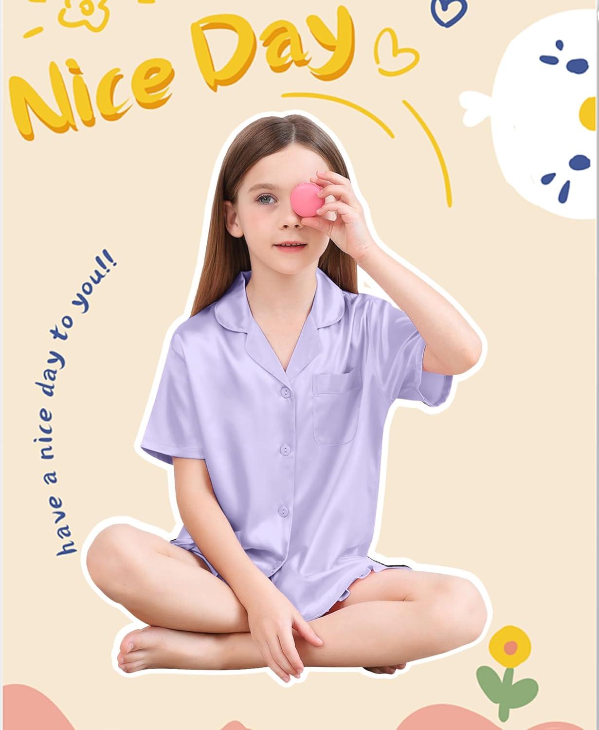 imageSWOMOG Girls Pajamas Silk Satin Pajama Set Short Sleeve Button Down Sleepwear Soft Cute PJs with Ruffle Shorts LoungewearLavender