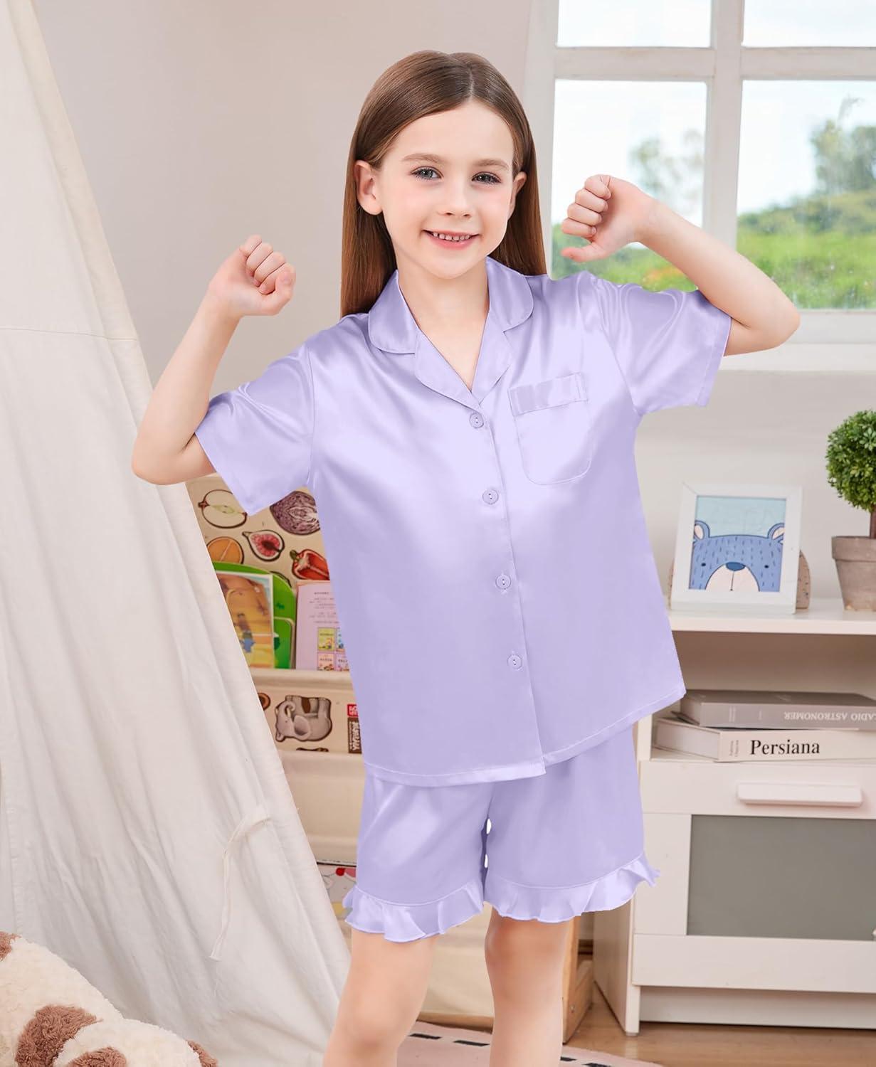 imageSWOMOG Girls Pajamas Silk Satin Pajama Set Short Sleeve Button Down Sleepwear Soft Cute PJs with Ruffle Shorts LoungewearLavender