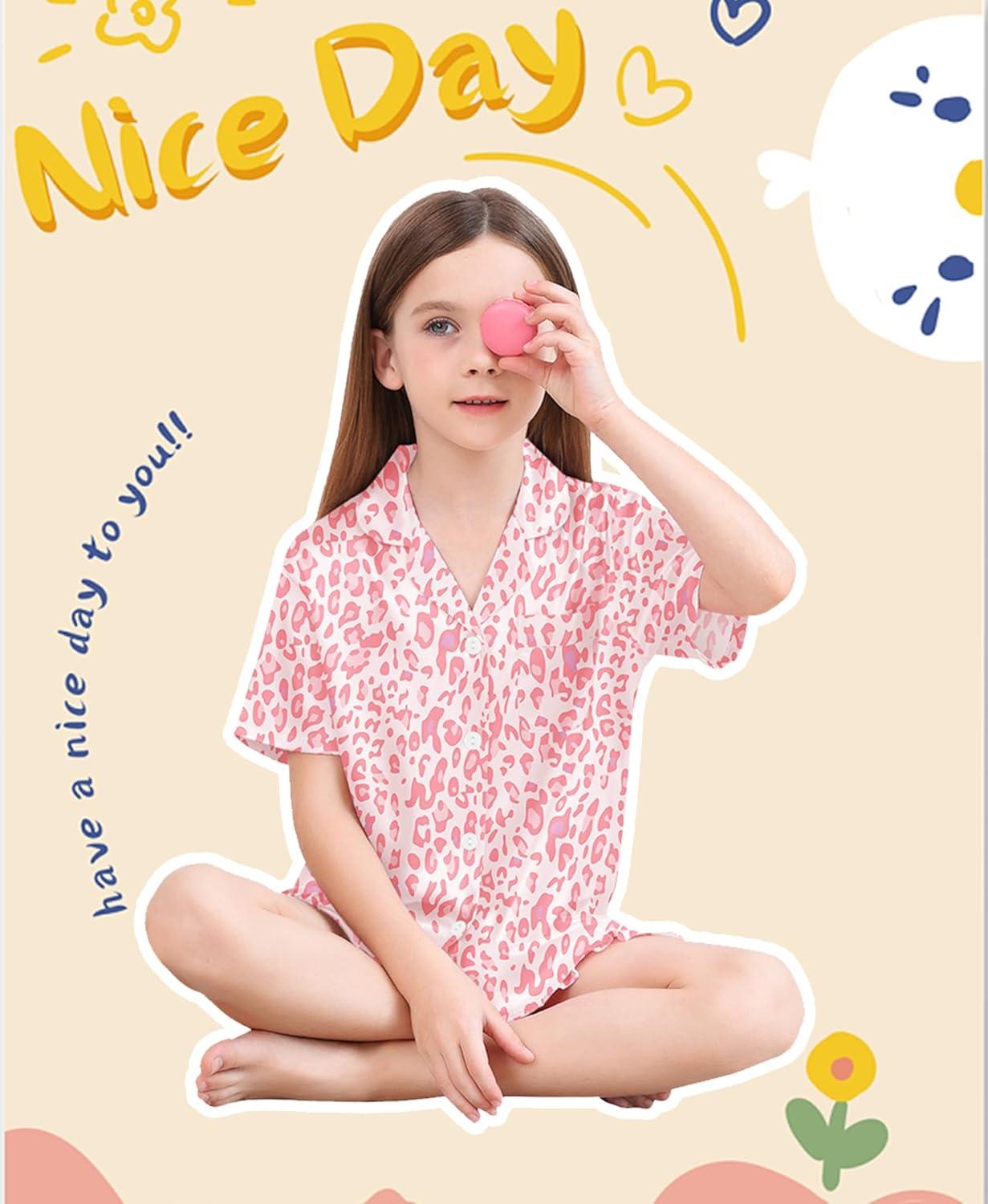 imageSWOMOG Girls Pajamas Silk Satin Pajama Set Short Sleeve Button Down Sleepwear Soft Cute PJs with Ruffle Shorts LoungewearPink Leopard