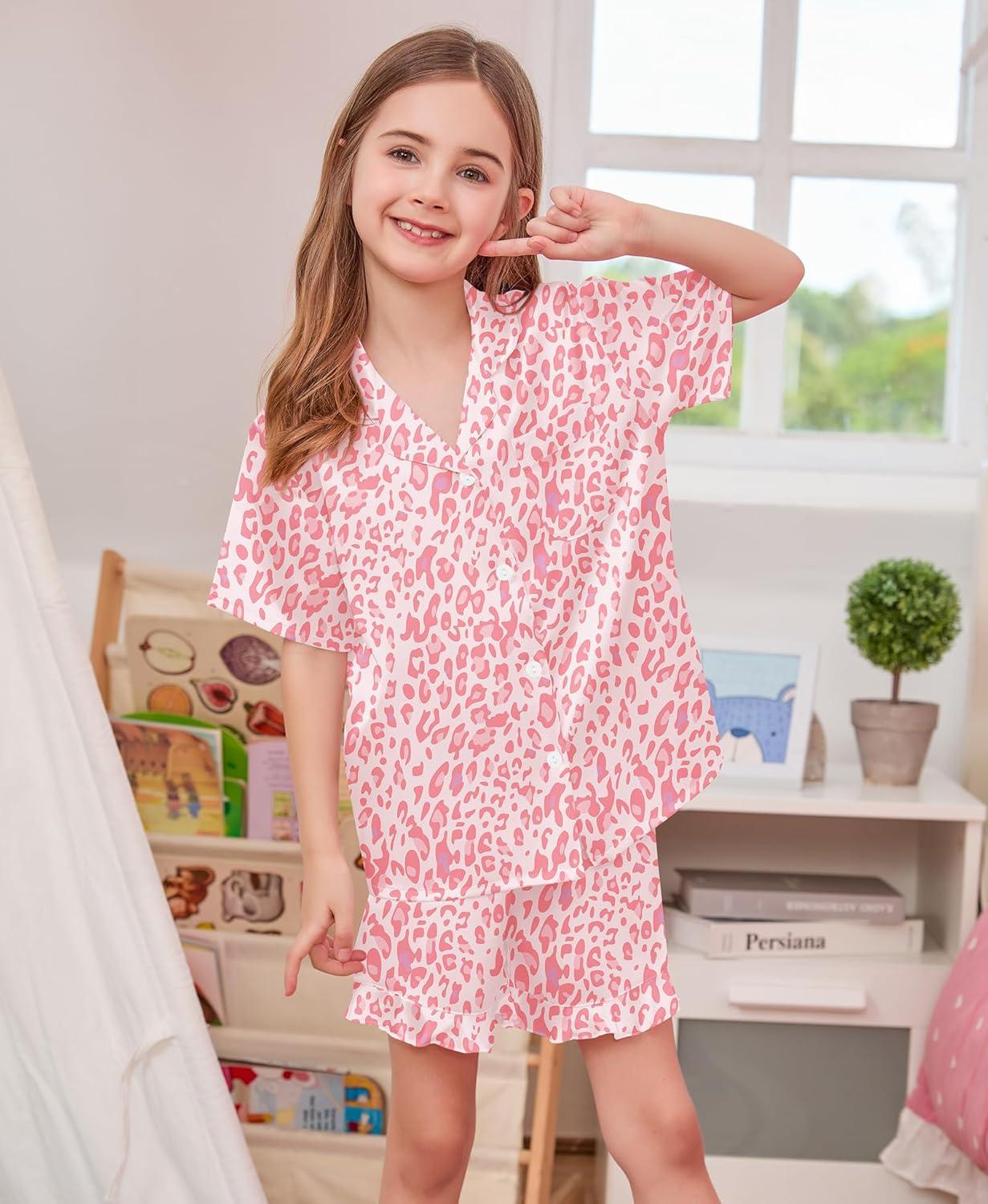 imageSWOMOG Girls Pajamas Silk Satin Pajama Set Short Sleeve Button Down Sleepwear Soft Cute PJs with Ruffle Shorts LoungewearPink Leopard