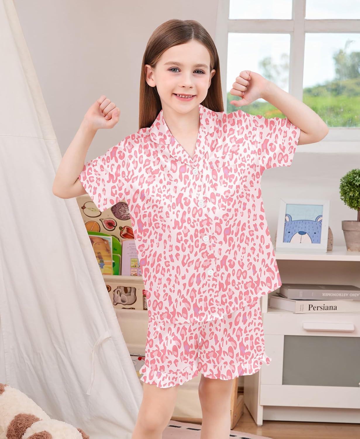 imageSWOMOG Girls Pajamas Silk Satin Pajama Set Short Sleeve Button Down Sleepwear Soft Cute PJs with Ruffle Shorts LoungewearPink Leopard