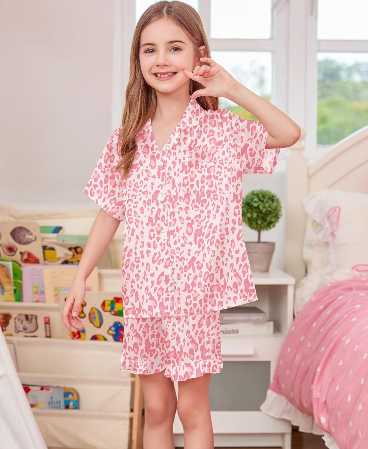 imageSWOMOG Girls Pajamas Silk Satin Pajama Set Short Sleeve Button Down Sleepwear Soft Cute PJs with Ruffle Shorts LoungewearPink Leopard