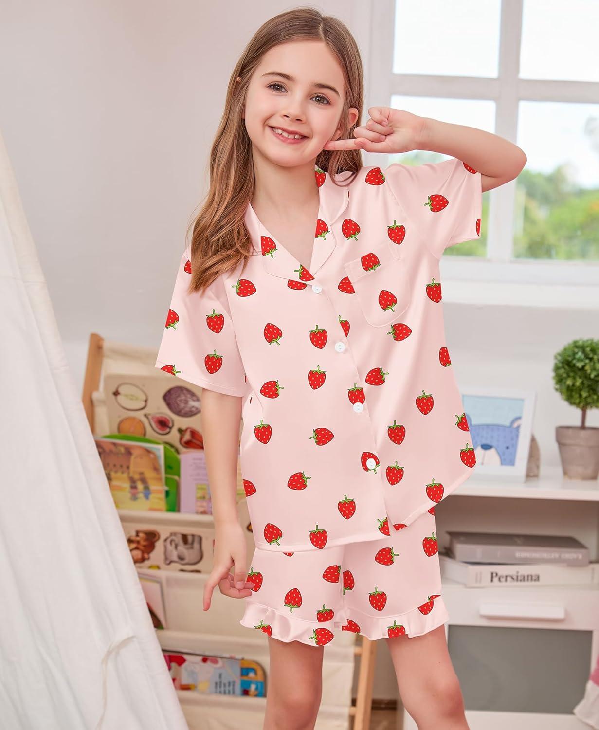 imageSWOMOG Girls Pajamas Silk Satin Pajama Set Short Sleeve Button Down Sleepwear Soft Cute PJs with Ruffle Shorts LoungewearPink Strawberry