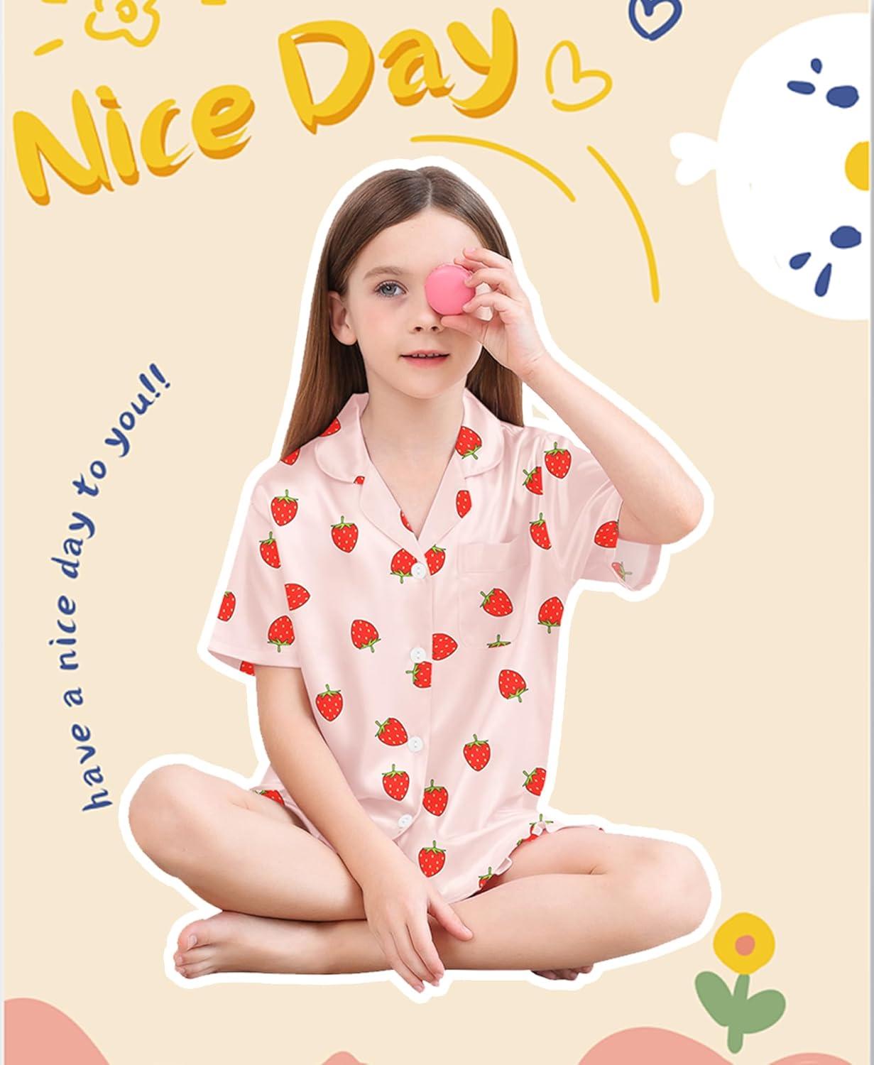imageSWOMOG Girls Pajamas Silk Satin Pajama Set Short Sleeve Button Down Sleepwear Soft Cute PJs with Ruffle Shorts LoungewearPink Strawberry