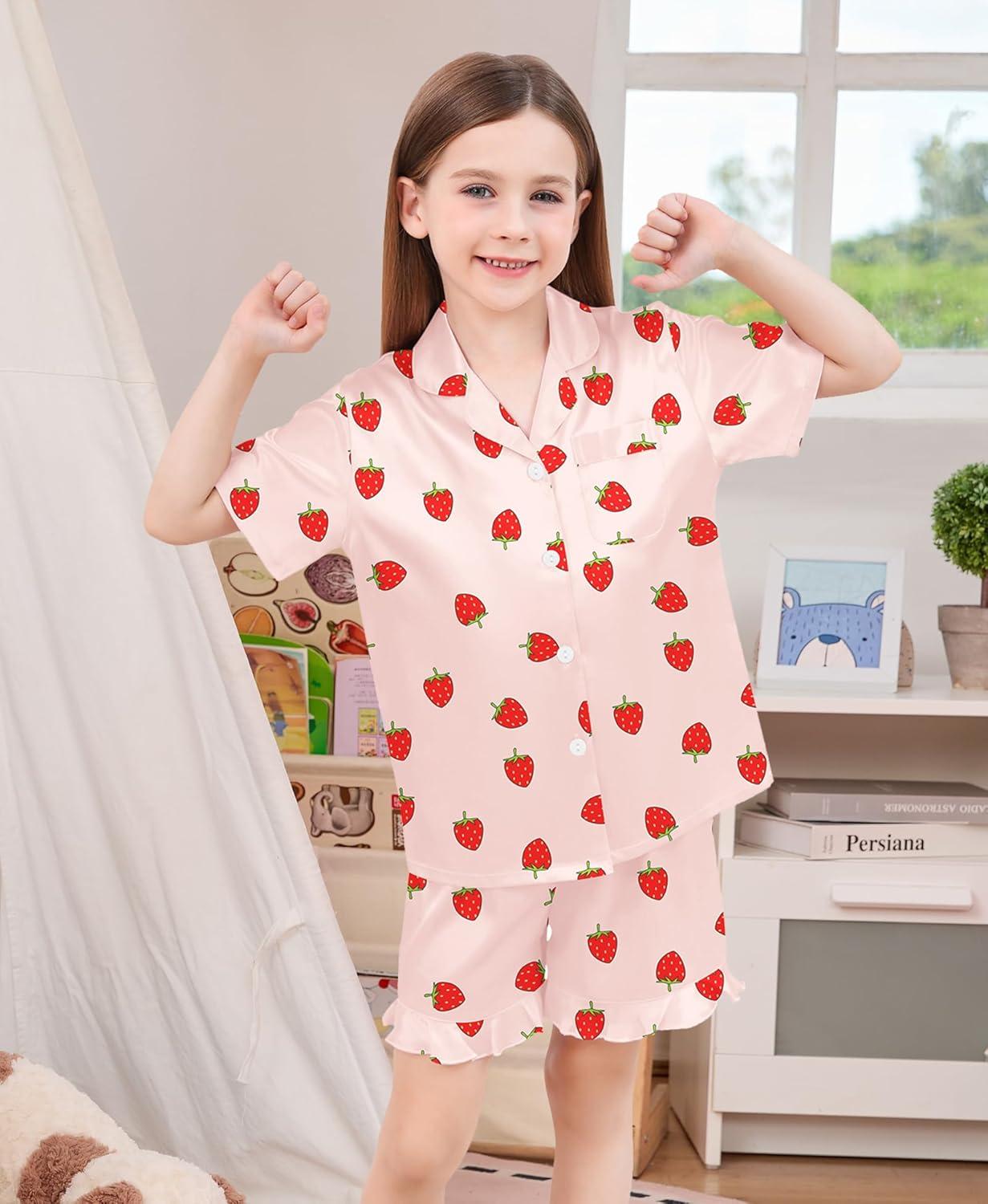 imageSWOMOG Girls Pajamas Silk Satin Pajama Set Short Sleeve Button Down Sleepwear Soft Cute PJs with Ruffle Shorts LoungewearPink Strawberry
