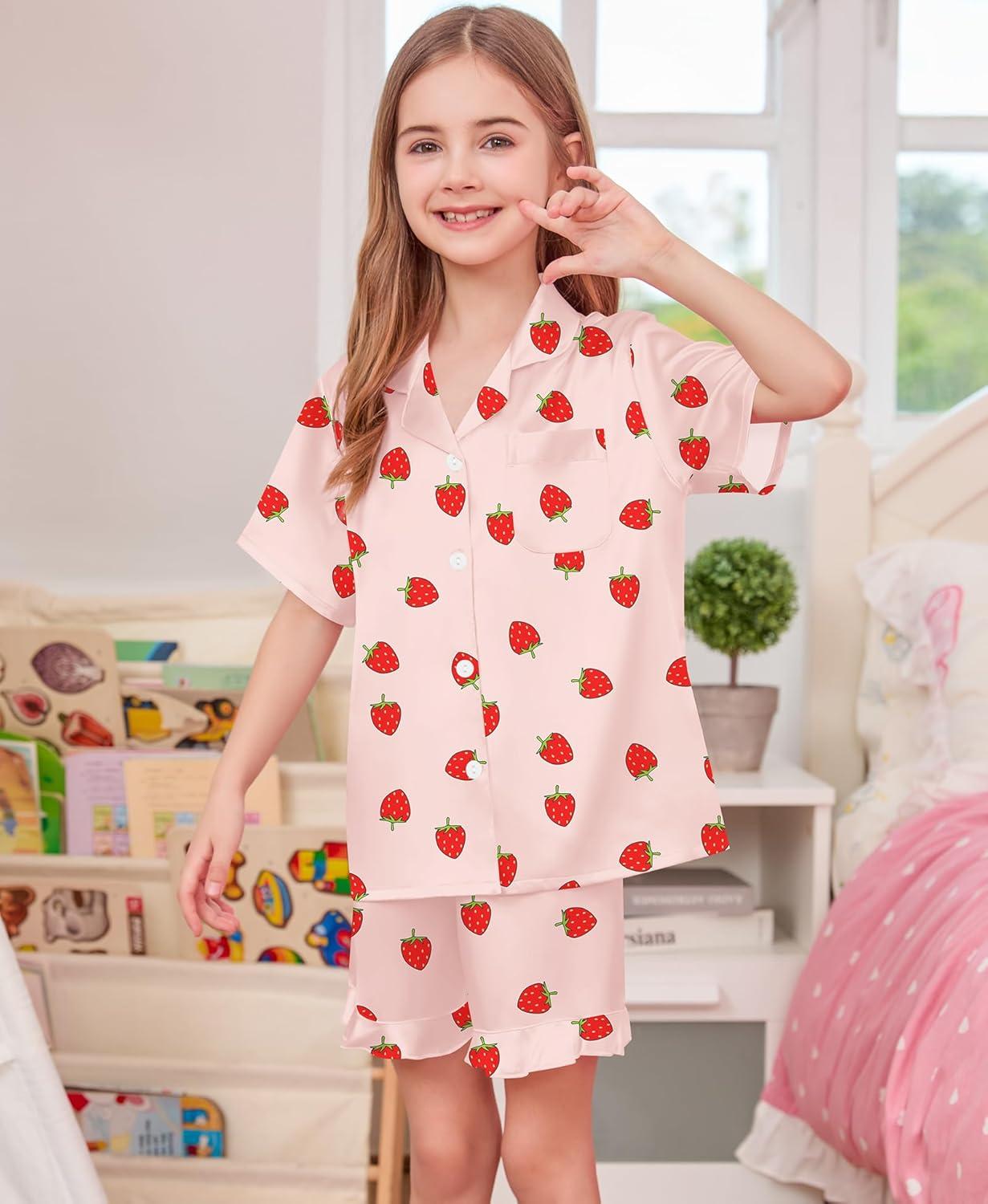 imageSWOMOG Girls Pajamas Silk Satin Pajama Set Short Sleeve Button Down Sleepwear Soft Cute PJs with Ruffle Shorts LoungewearPink Strawberry