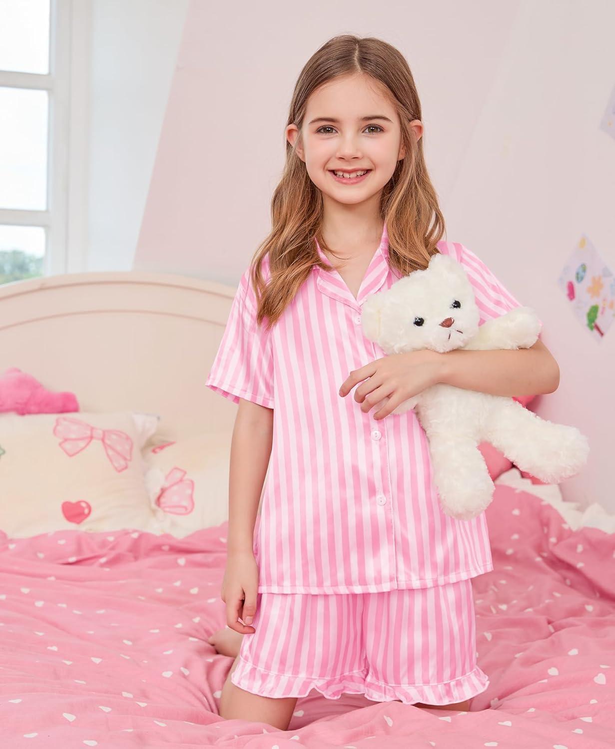 imageSWOMOG Girls Pajamas Silk Satin Pajama Set Short Sleeve Button Down Sleepwear Soft Cute PJs with Ruffle Shorts LoungewearStripes Pink