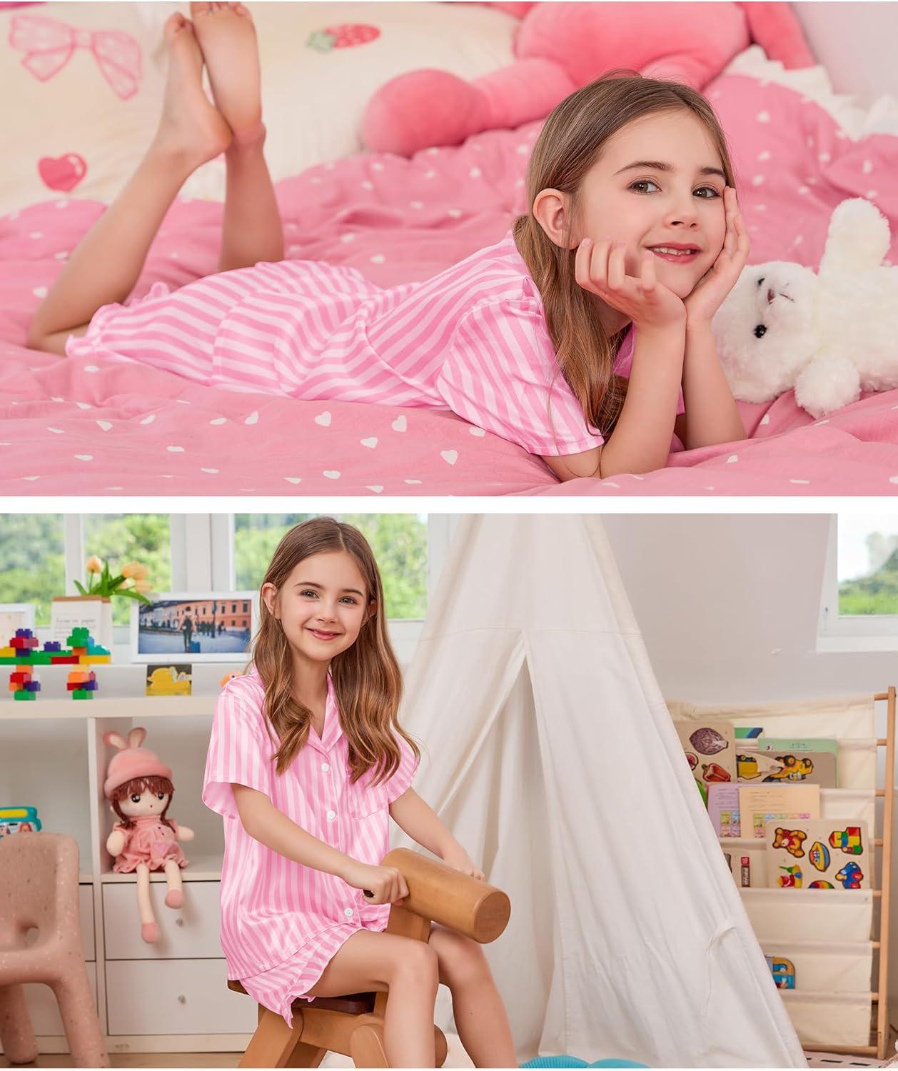 imageSWOMOG Girls Pajamas Silk Satin Pajama Set Short Sleeve Button Down Sleepwear Soft Cute PJs with Ruffle Shorts LoungewearStripes Pink