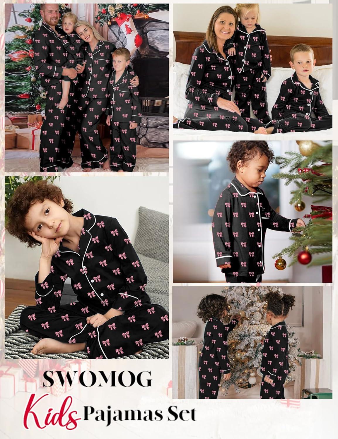 imageSWOMOG Kids Pajamas Sets Girls Boys Long Sleeve Sleepwear 2 Piece Lounge Sets Modal Button Down Pjs Set for 413 YearsAblack Bowknot