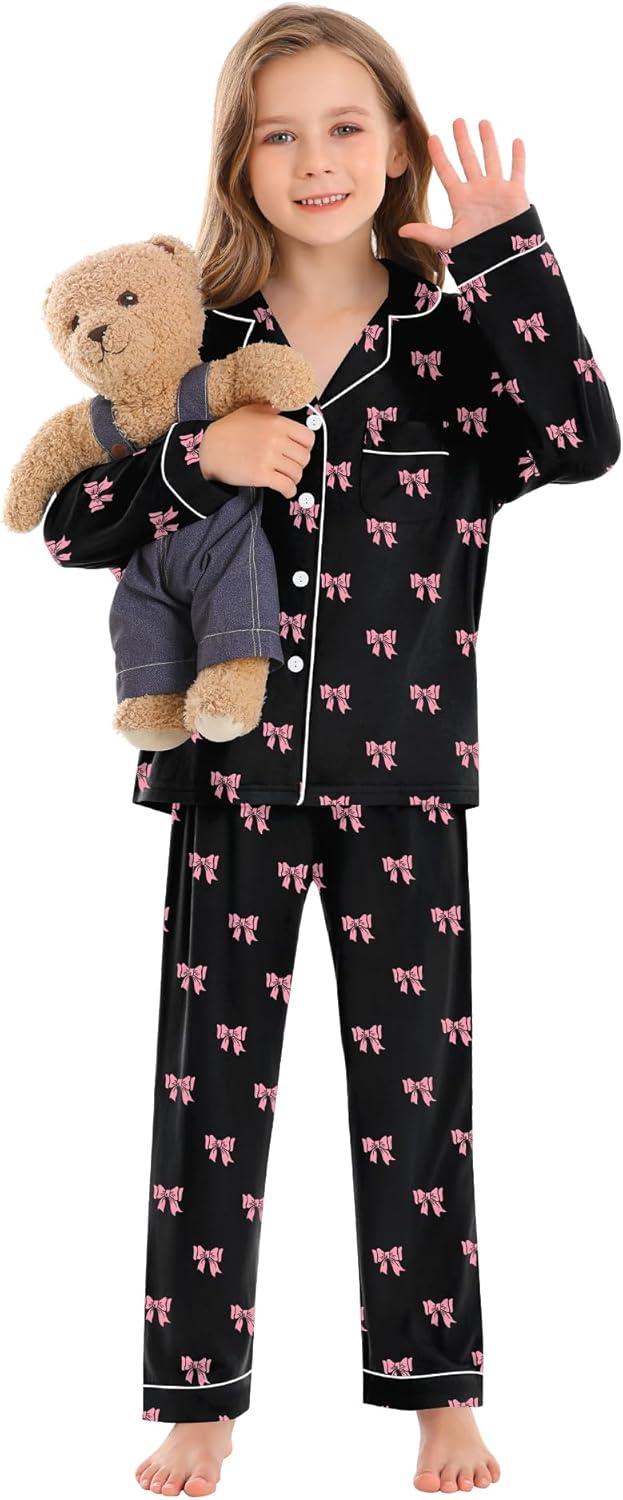 imageSWOMOG Kids Pajamas Sets Girls Boys Long Sleeve Sleepwear 2 Piece Lounge Sets Modal Button Down Pjs Set for 413 YearsAblack Bowknot