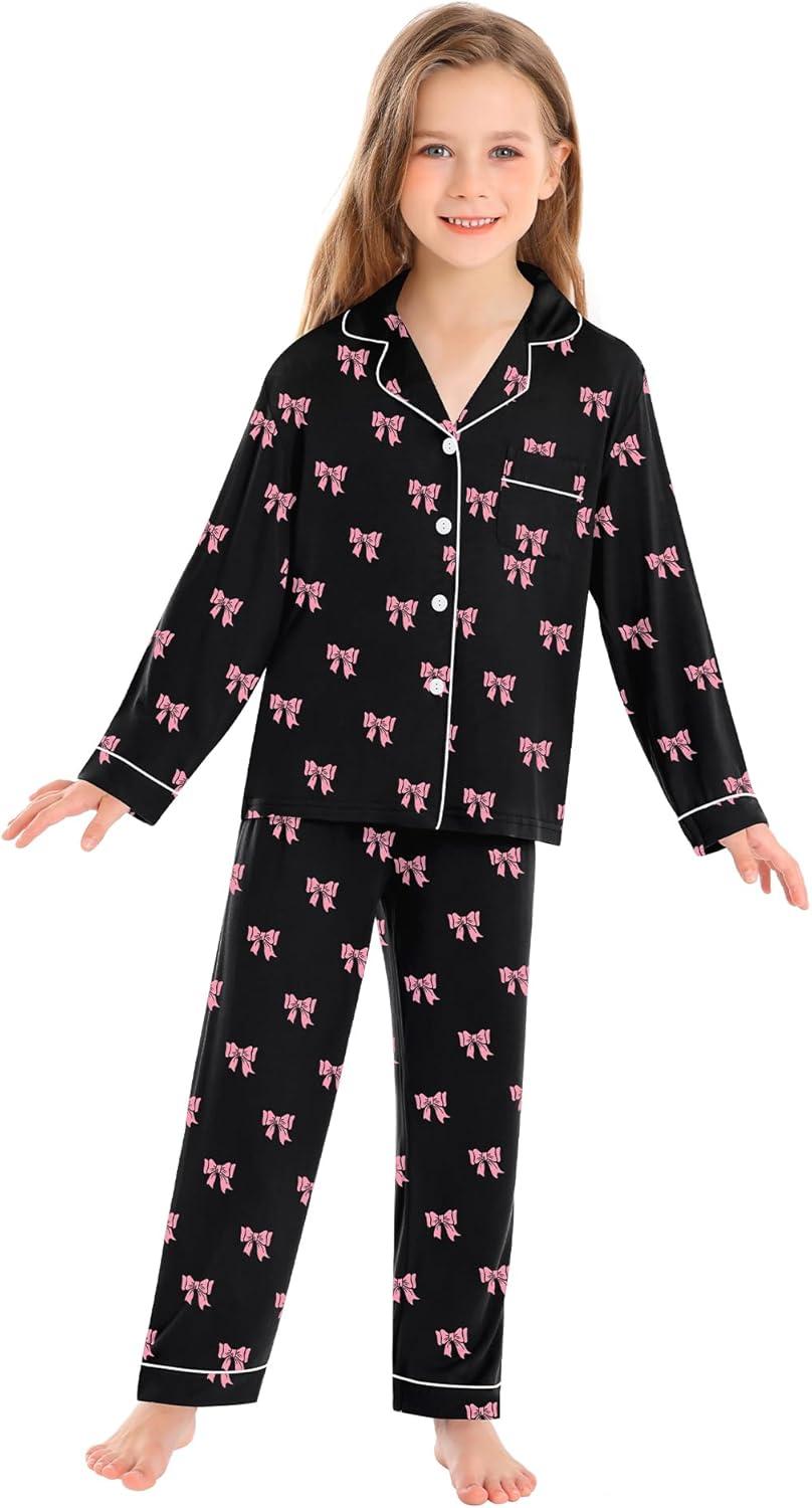 imageSWOMOG Kids Pajamas Sets Girls Boys Long Sleeve Sleepwear 2 Piece Lounge Sets Modal Button Down Pjs Set for 413 YearsAblack Bowknot