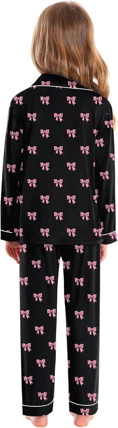 imageSWOMOG Kids Pajamas Sets Girls Boys Long Sleeve Sleepwear 2 Piece Lounge Sets Modal Button Down Pjs Set for 413 YearsAblack Bowknot