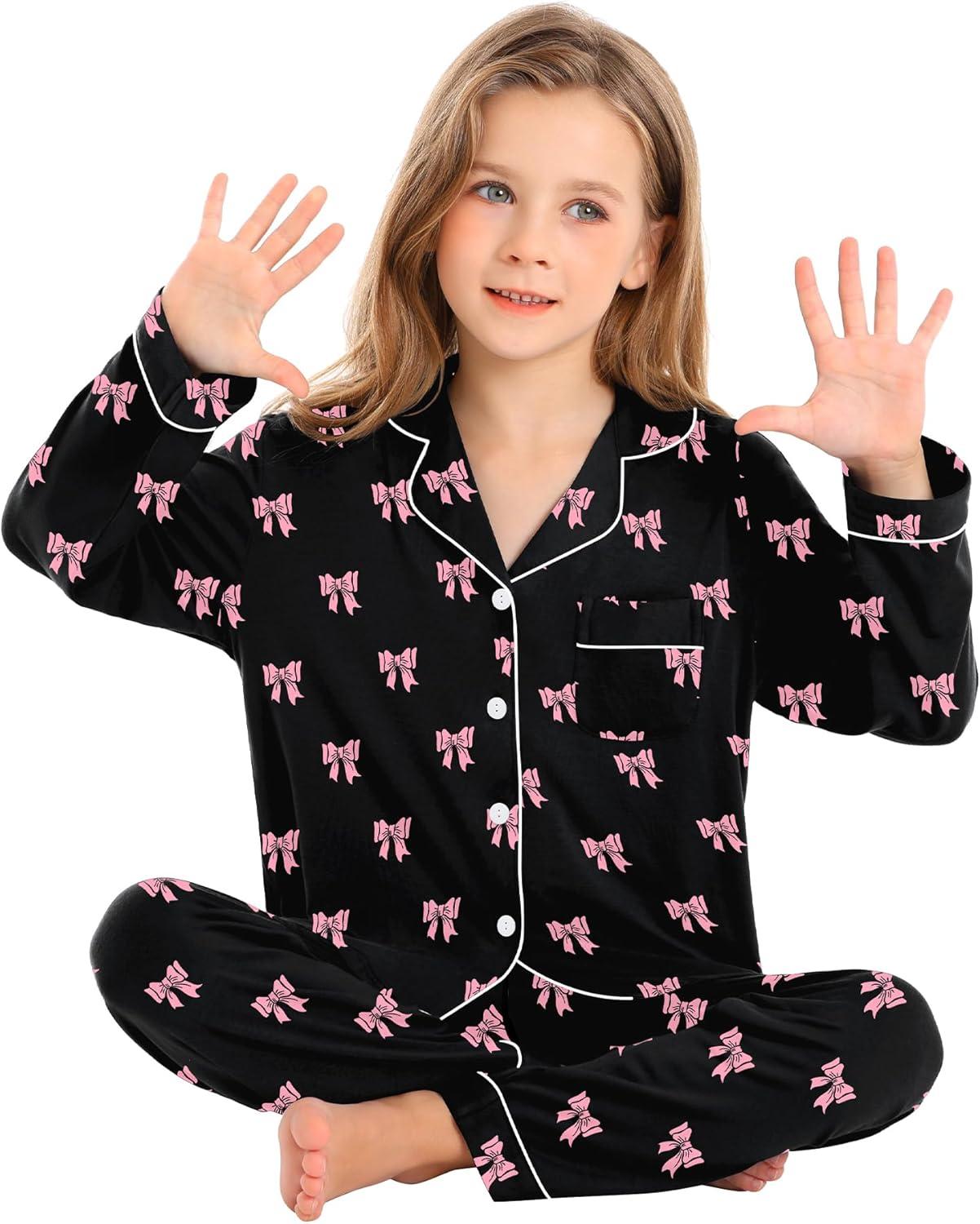 imageSWOMOG Kids Pajamas Sets Girls Boys Long Sleeve Sleepwear 2 Piece Lounge Sets Modal Button Down Pjs Set for 413 YearsAblack Bowknot