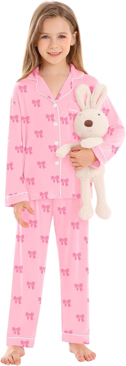 imageSWOMOG Kids Pajamas Sets Girls Boys Long Sleeve Sleepwear 2 Piece Lounge Sets Modal Button Down Pjs Set for 413 YearsAlight Pink Bowknot