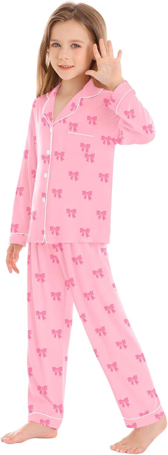 imageSWOMOG Kids Pajamas Sets Girls Boys Long Sleeve Sleepwear 2 Piece Lounge Sets Modal Button Down Pjs Set for 413 YearsAlight Pink Bowknot