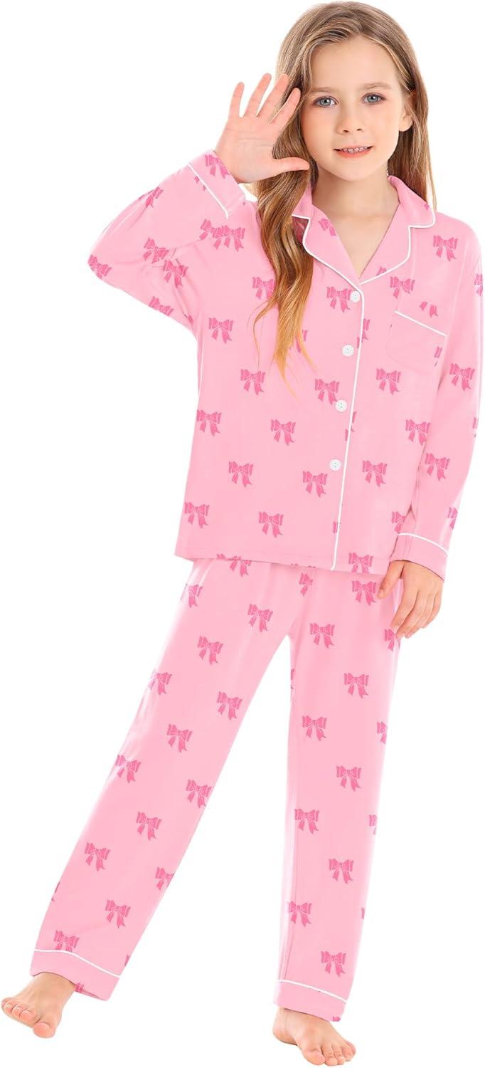 imageSWOMOG Kids Pajamas Sets Girls Boys Long Sleeve Sleepwear 2 Piece Lounge Sets Modal Button Down Pjs Set for 413 YearsAlight Pink Bowknot