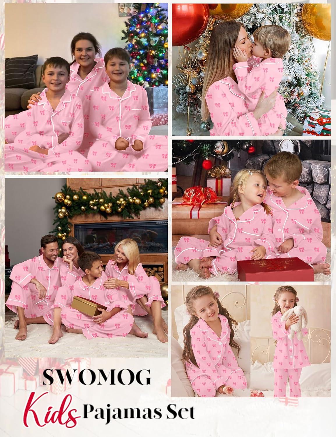 imageSWOMOG Kids Pajamas Sets Girls Boys Long Sleeve Sleepwear 2 Piece Lounge Sets Modal Button Down Pjs Set for 413 YearsAlight Pink Bowknot