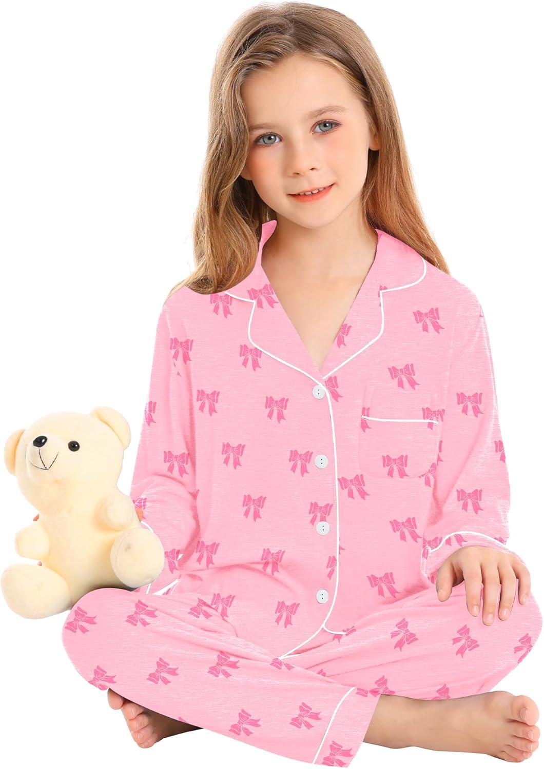 imageSWOMOG Kids Pajamas Sets Girls Boys Long Sleeve Sleepwear 2 Piece Lounge Sets Modal Button Down Pjs Set for 413 YearsAlight Pink Bowknot
