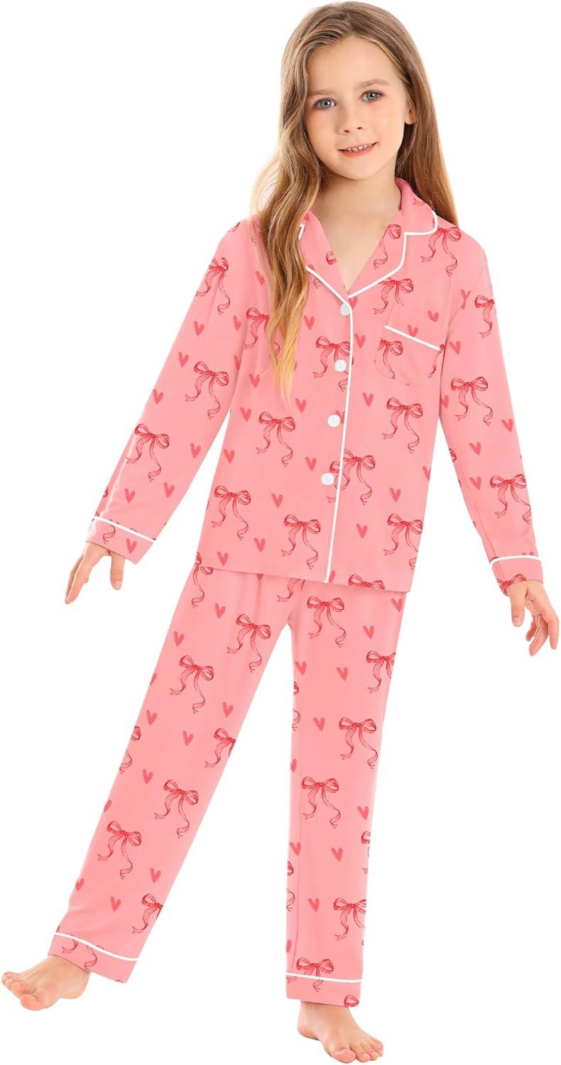 imageSWOMOG Kids Pajamas Sets Girls Boys Long Sleeve Sleepwear 2 Piece Lounge Sets Modal Button Down Pjs Set for 413 YearsApink Bowknot